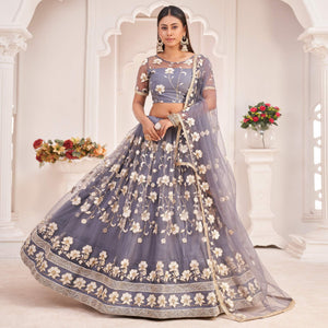 Grey Floral Sequence Embroidered Net Lehenga Choli - Peachmode