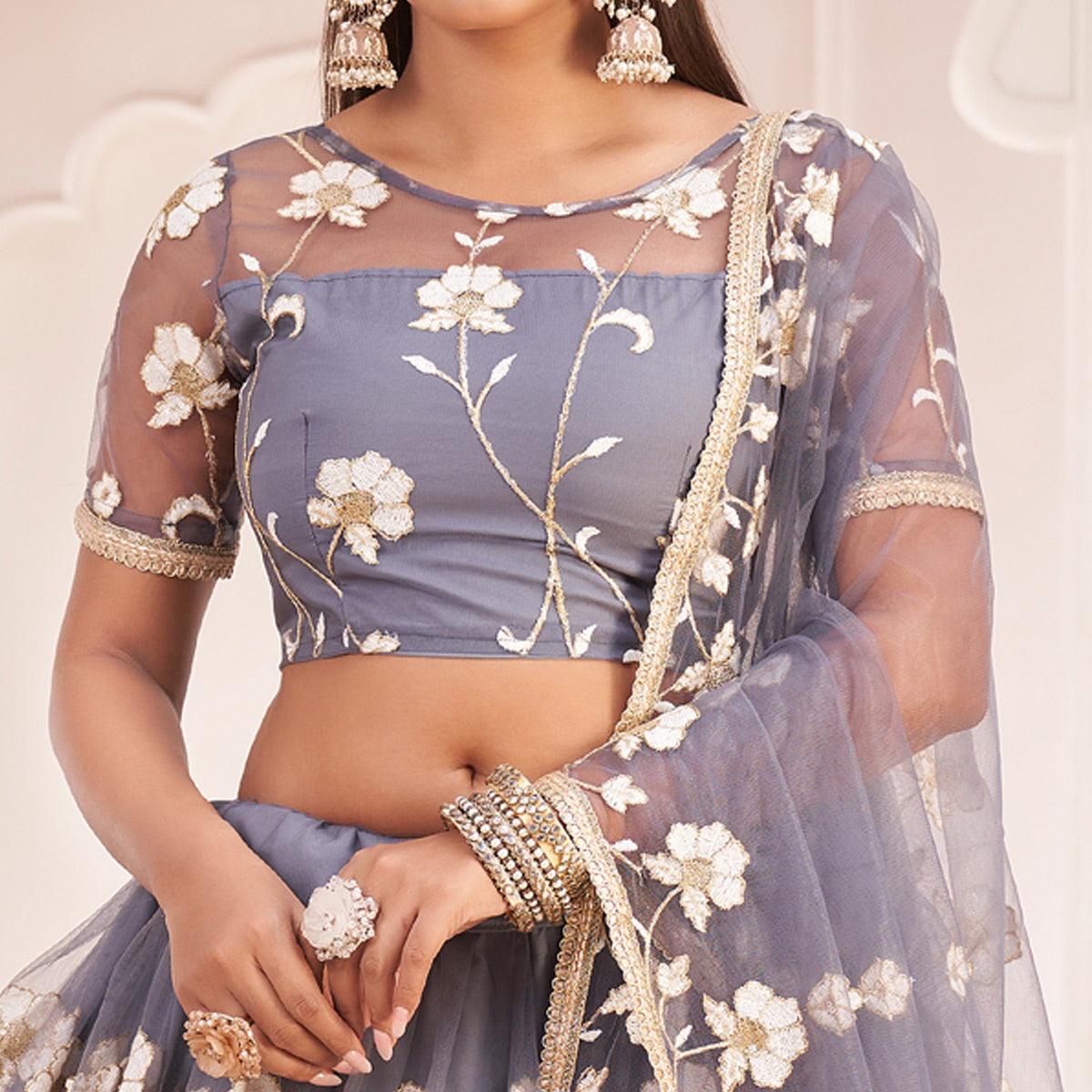 Grey Floral Sequence Embroidered Net Lehenga Choli - Peachmode