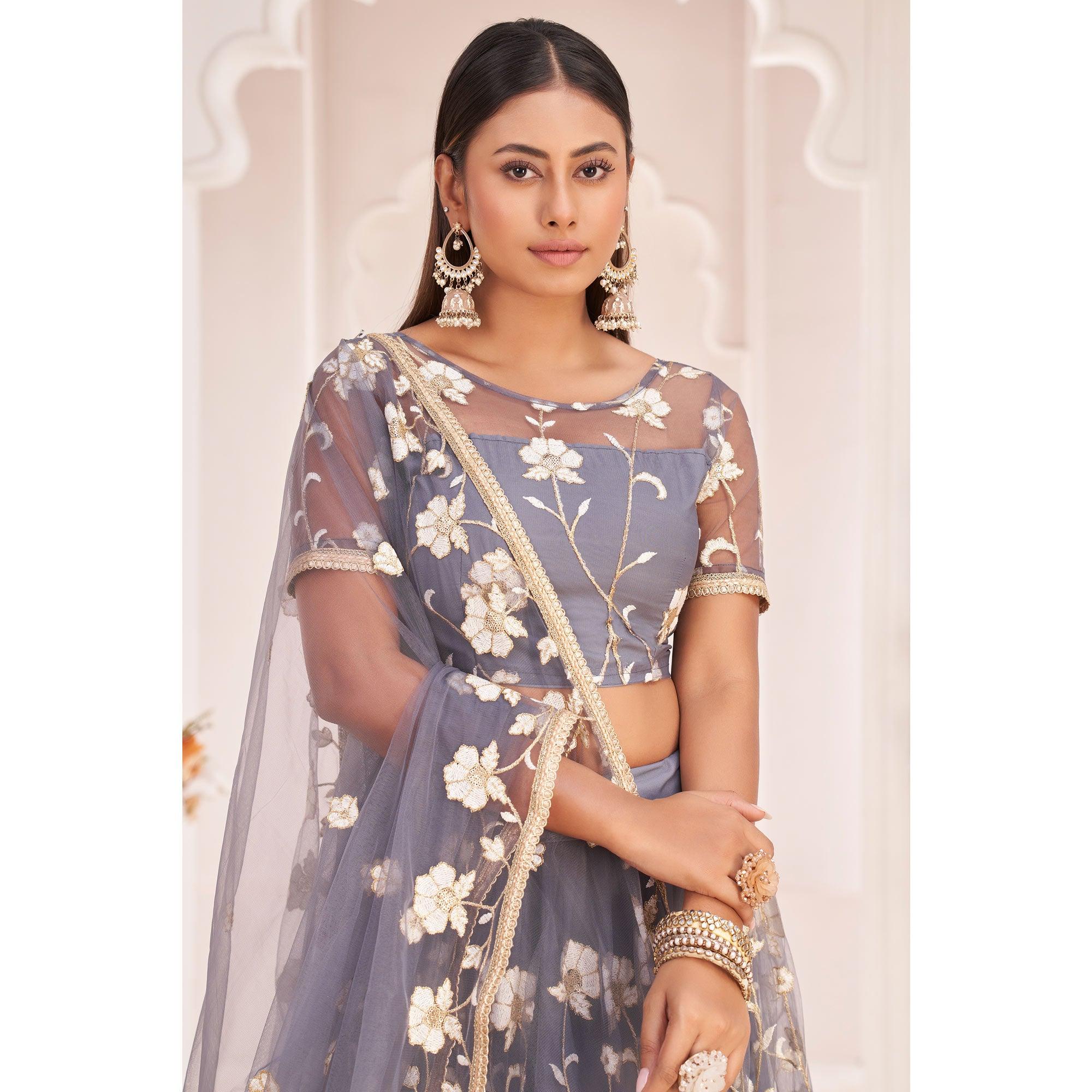 Grey Floral Sequence Embroidered Net Lehenga Choli - Peachmode