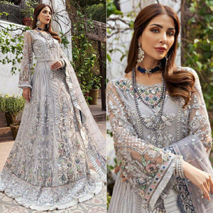 Grey Floral Sequence Embroidered Net Pakistani Suit - Peachmode