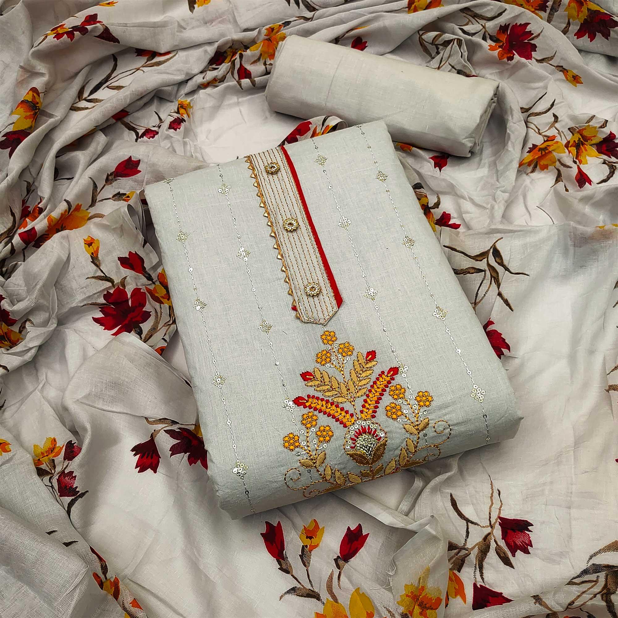 Grey Floral Sequence Embroidered Pure Cotton Dress Material - Peachmode