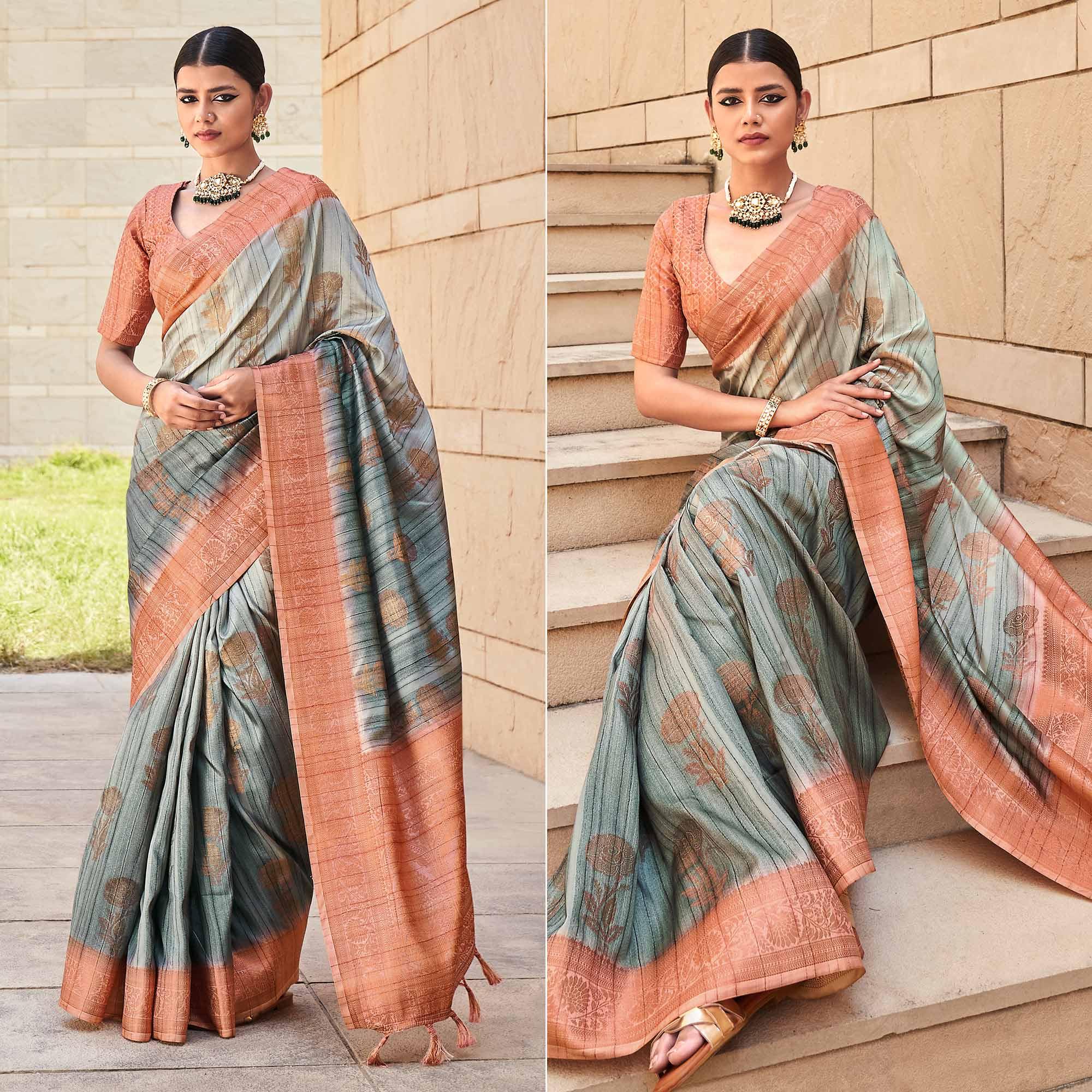 Grey Floral Woven Art Silk Saree - Peachmode