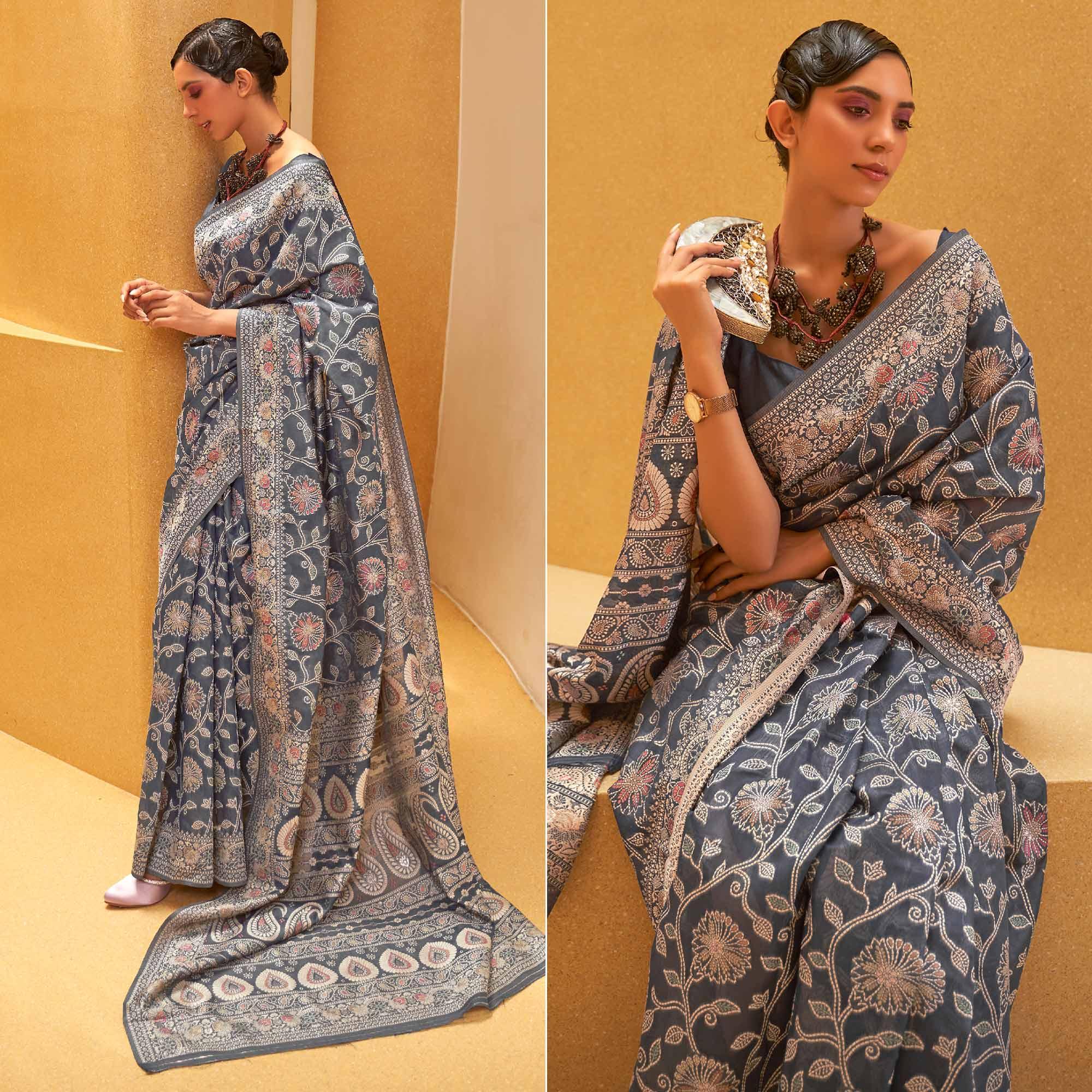 Grey Floral Woven Art Silk Saree - Peachmode