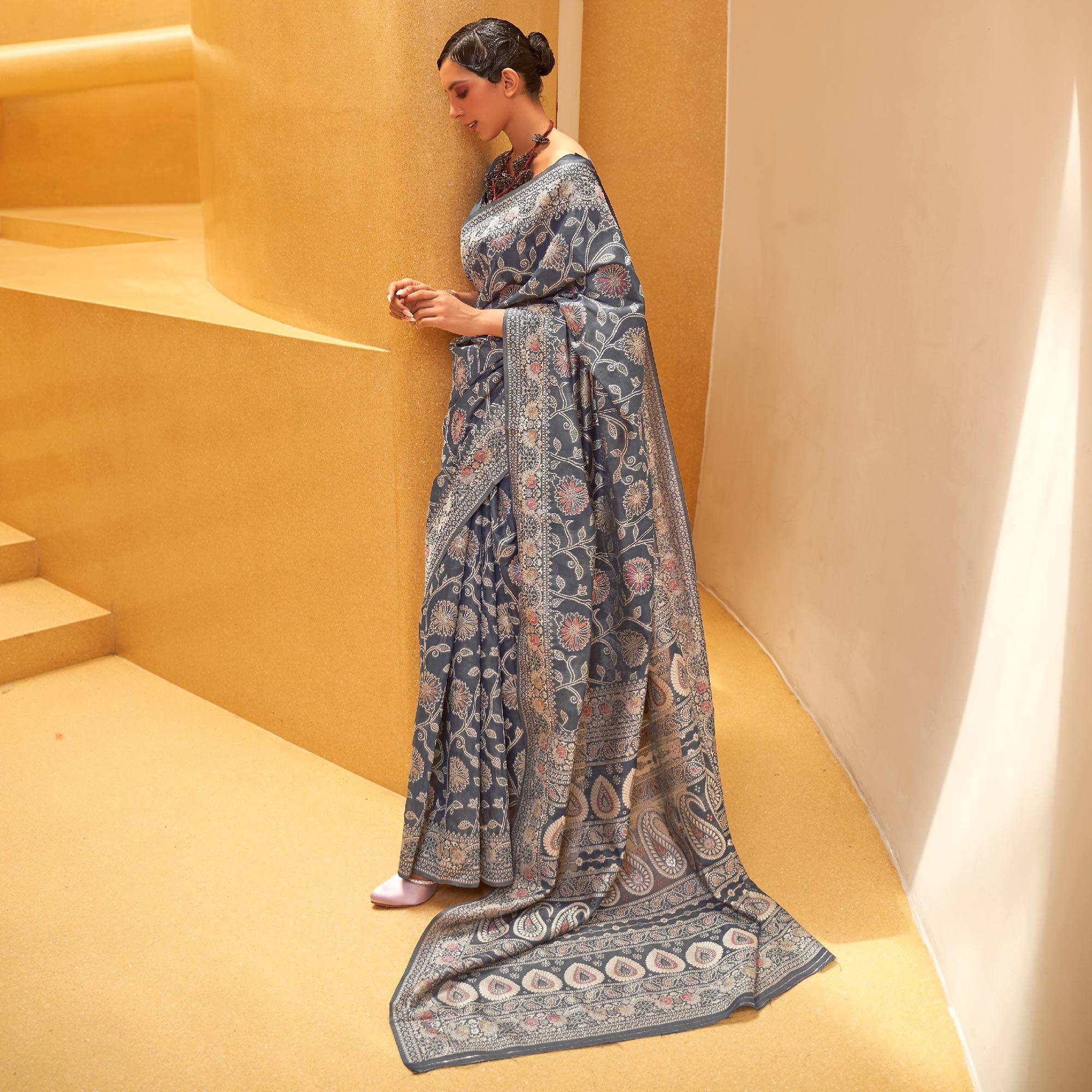 Grey Floral Woven Art Silk Saree - Peachmode