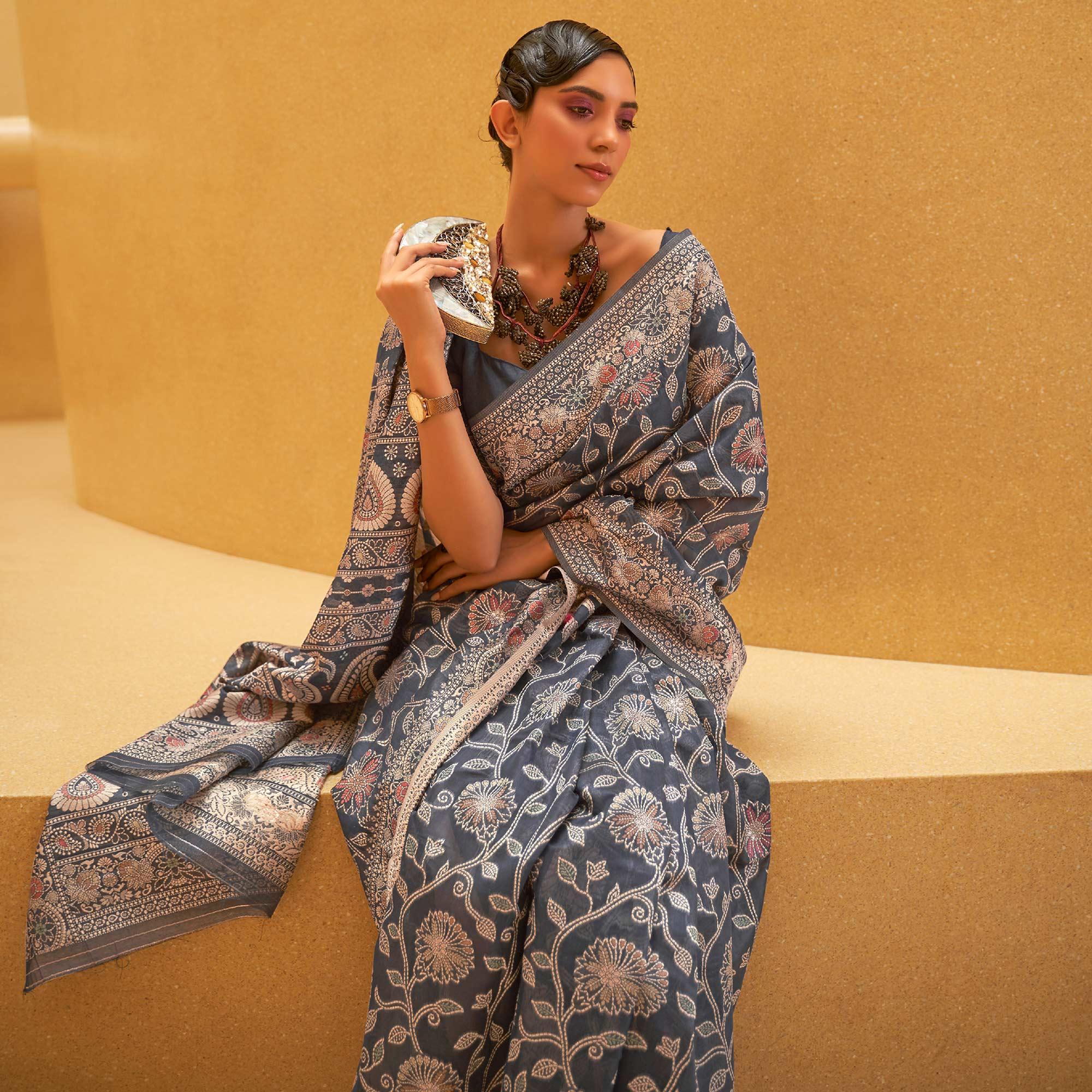 Grey Floral Woven Art Silk Saree - Peachmode