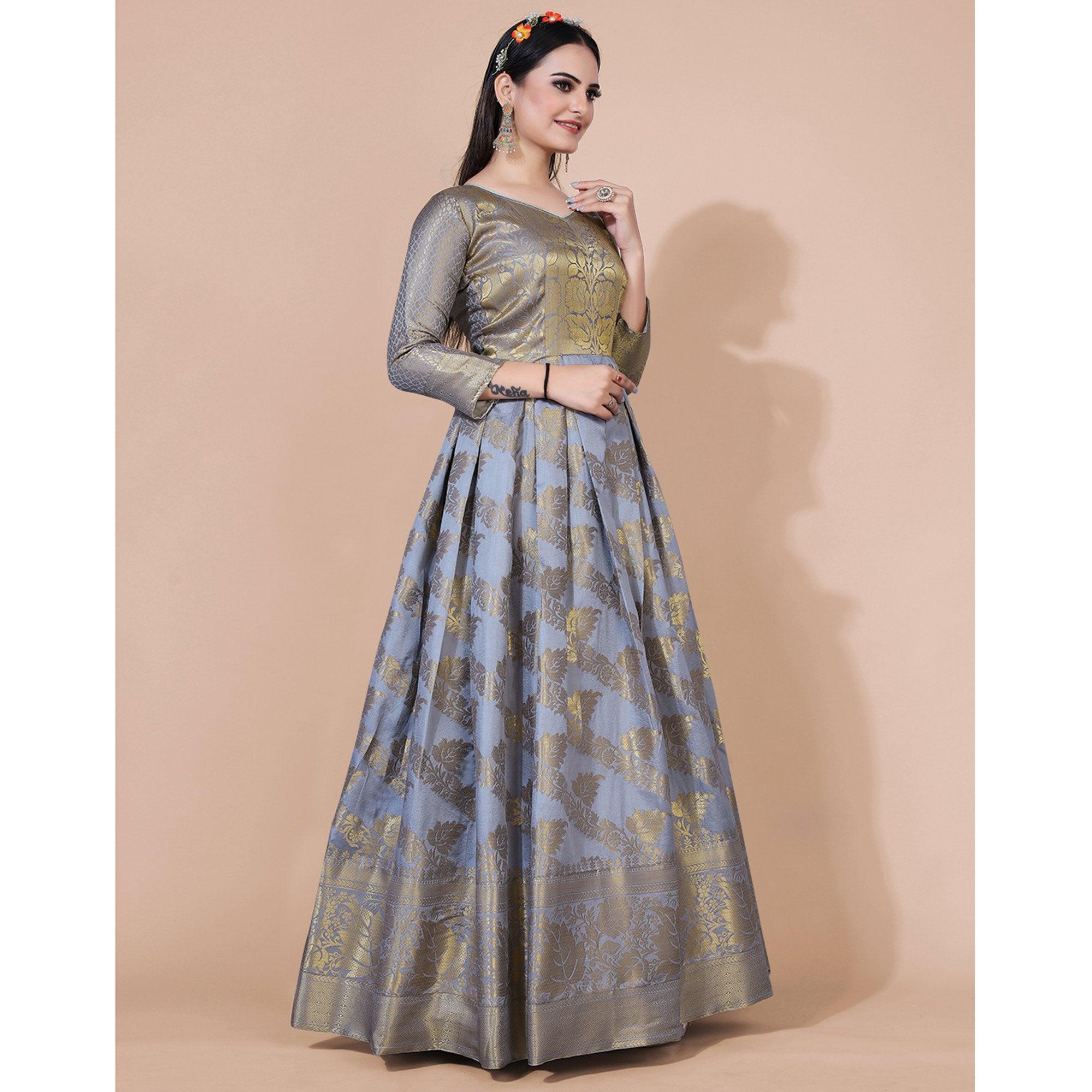 Grey Floral Woven Jacquard Anarkali Style Gown - Peachmode