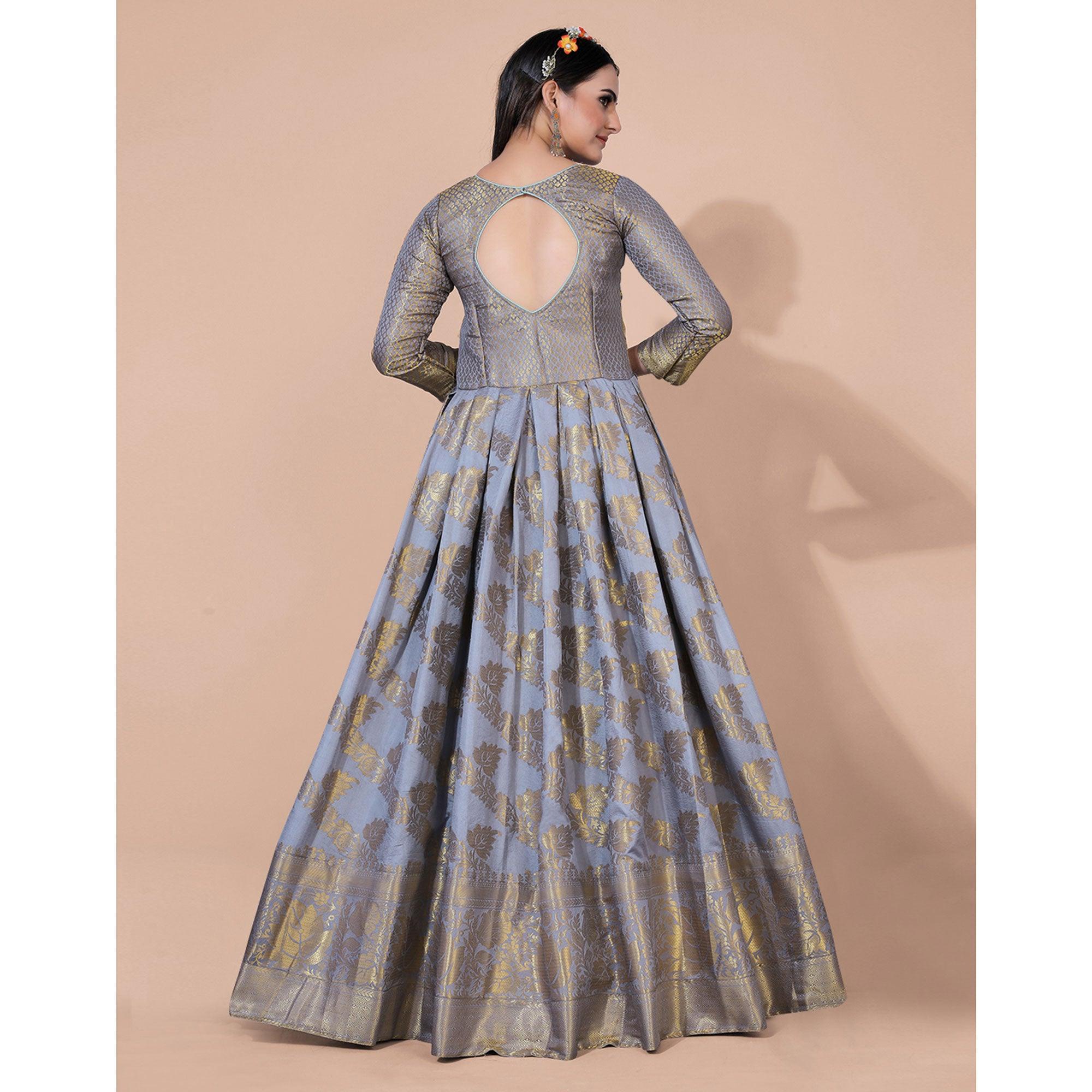 Grey Floral Woven Jacquard Anarkali Style Gown - Peachmode