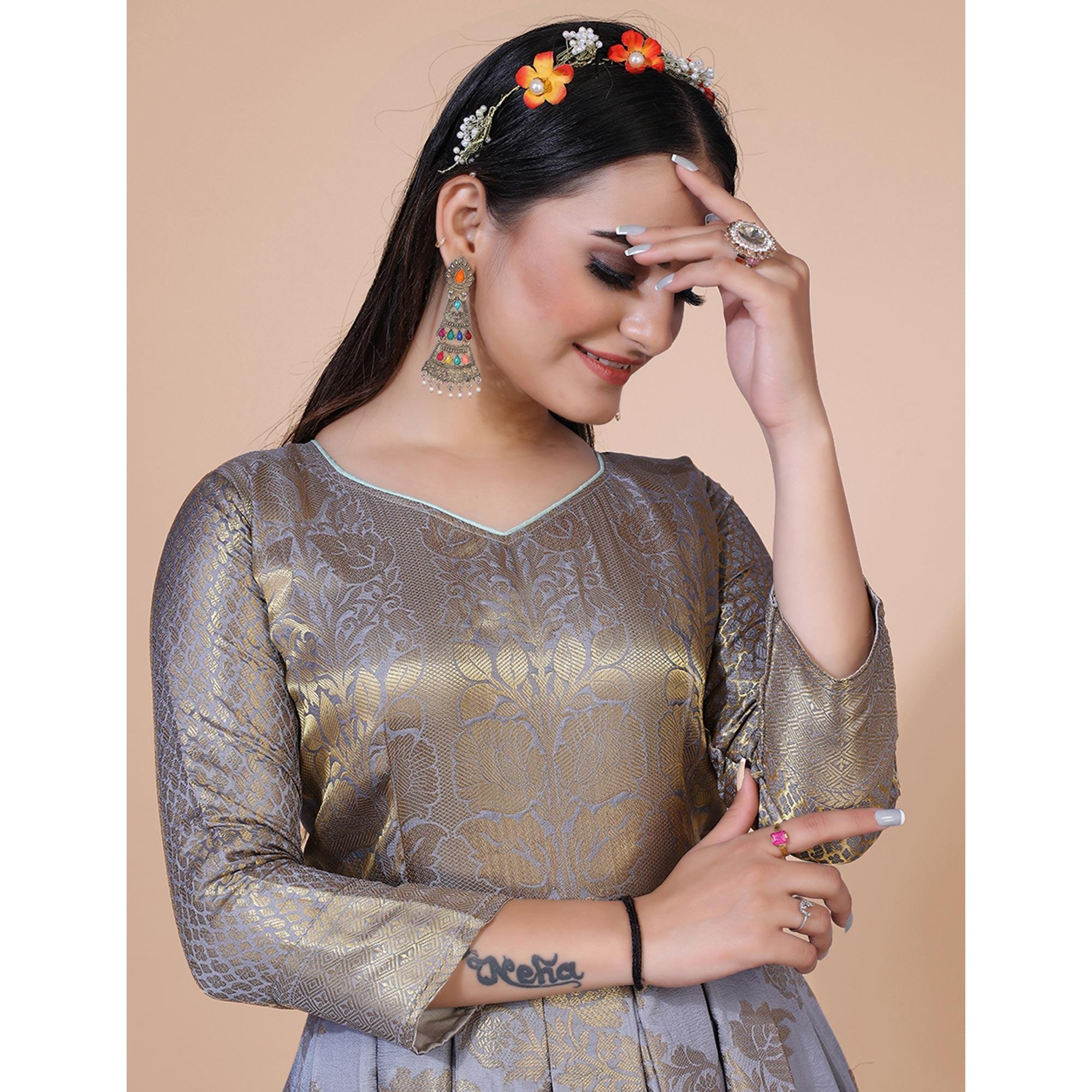 Grey Floral Woven Jacquard Anarkali Style Gown - Peachmode