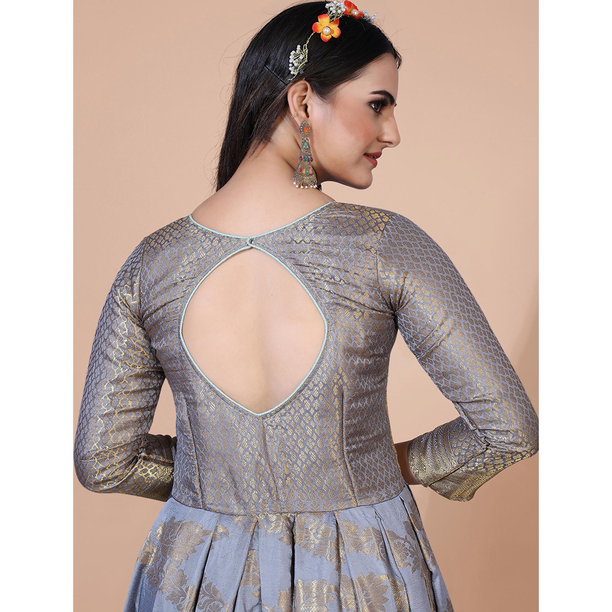 Grey Floral Woven Jacquard Anarkali Style Gown - Peachmode