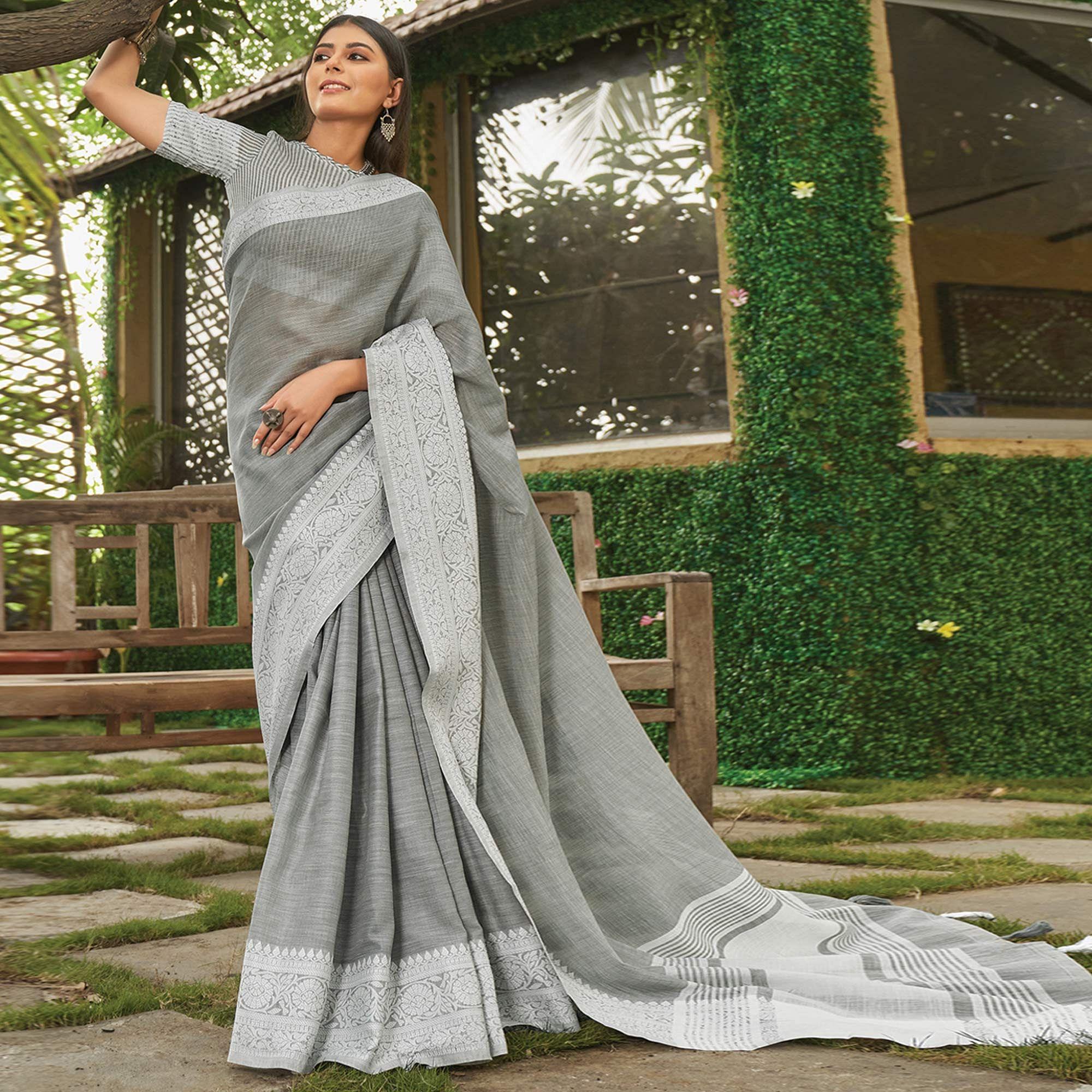 Grey Floral Woven Linen Saree - Peachmode
