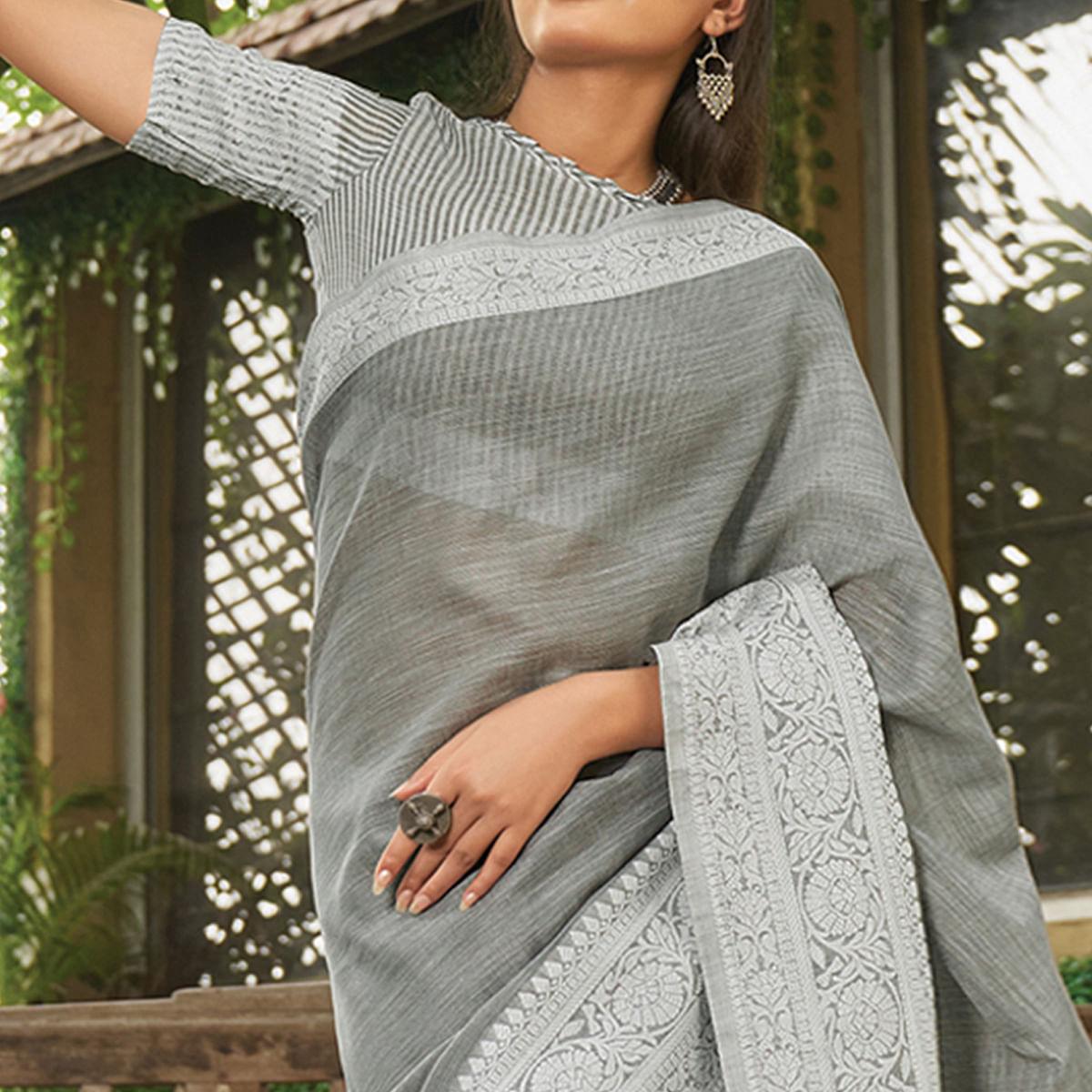 Grey Floral Woven Linen Saree - Peachmode