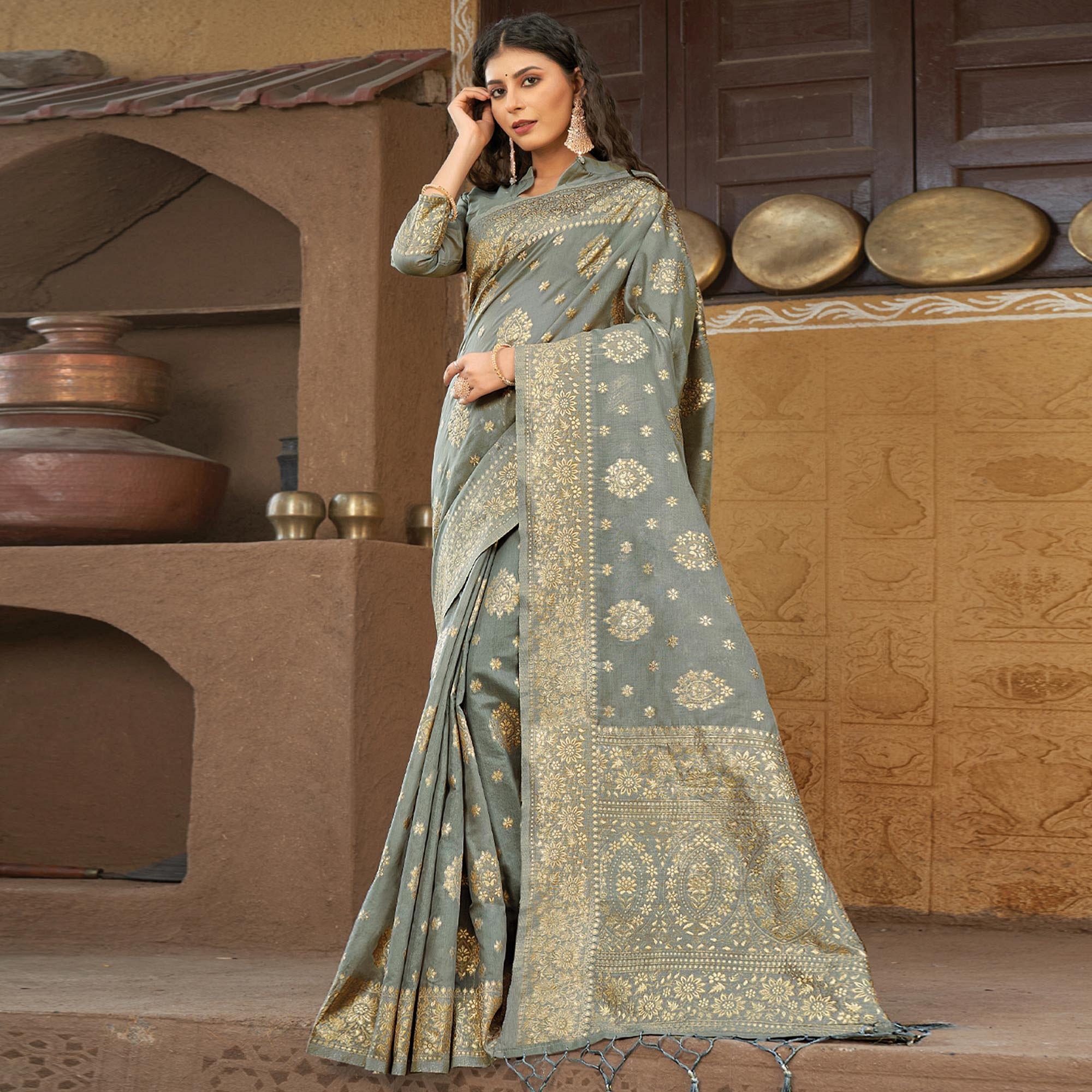 Grey Floral Woven Pure Cotton Saree - Peachmode