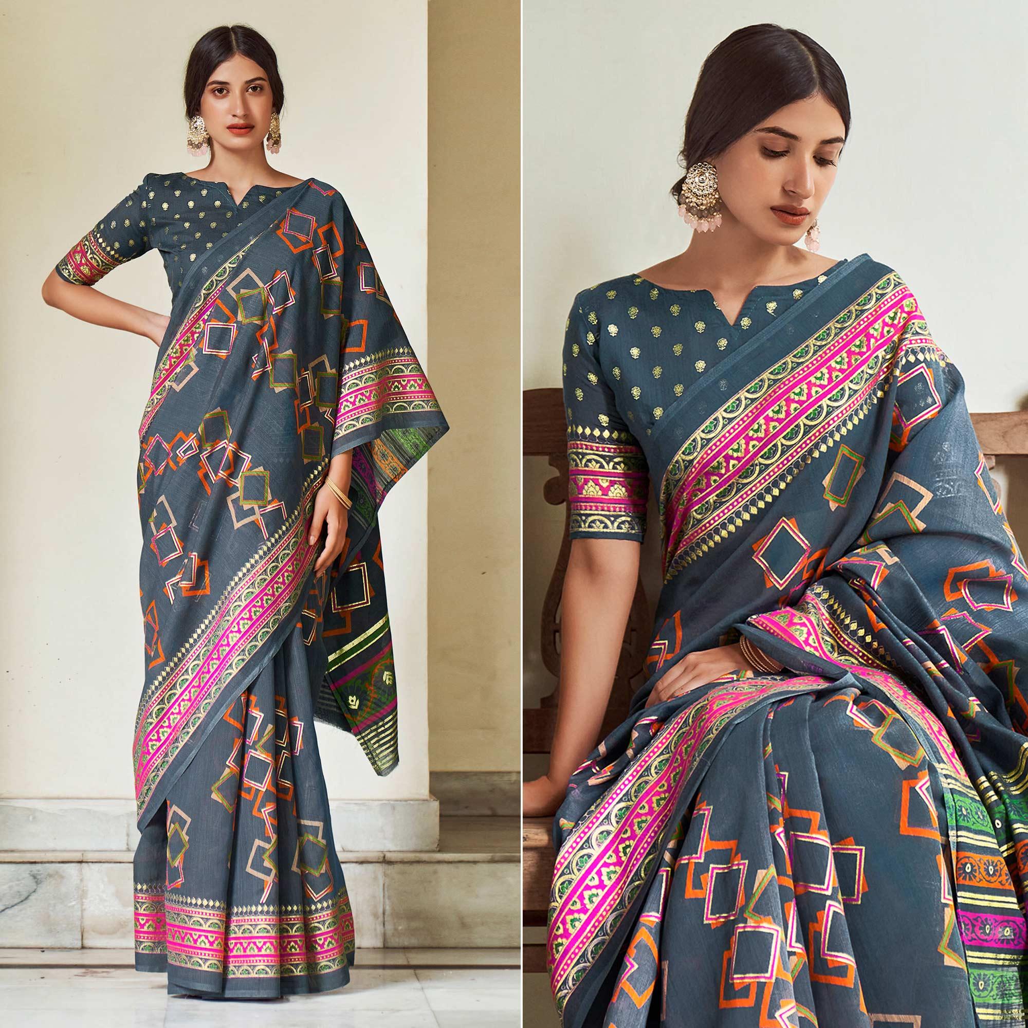 Grey Foil Digital Printed Poly Cotton Saree - Peachmode