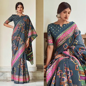 Grey Foil Digital Printed Poly Cotton Saree - Peachmode