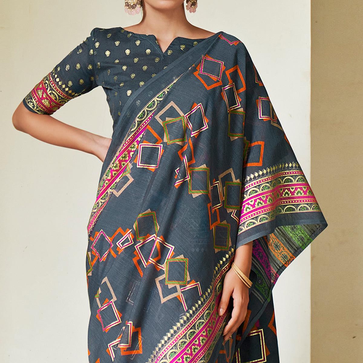 Grey Foil Digital Printed Poly Cotton Saree - Peachmode