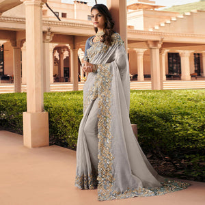 Grey Foil Print With Embroidered Organza Saree - Peachmode