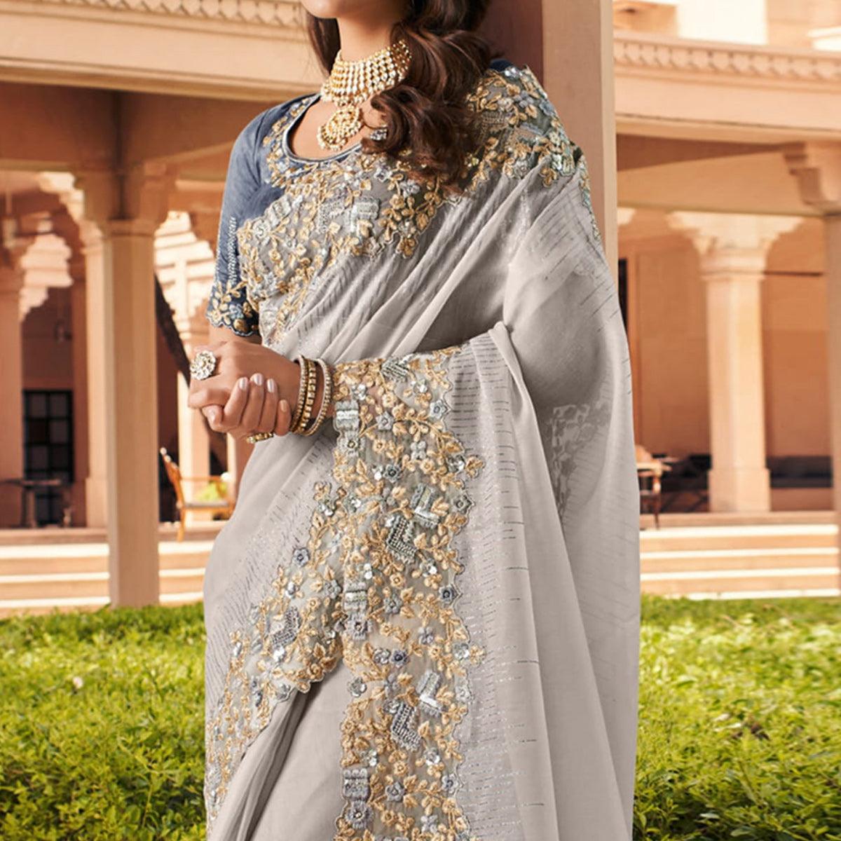 Grey Foil Print With Embroidered Organza Saree - Peachmode