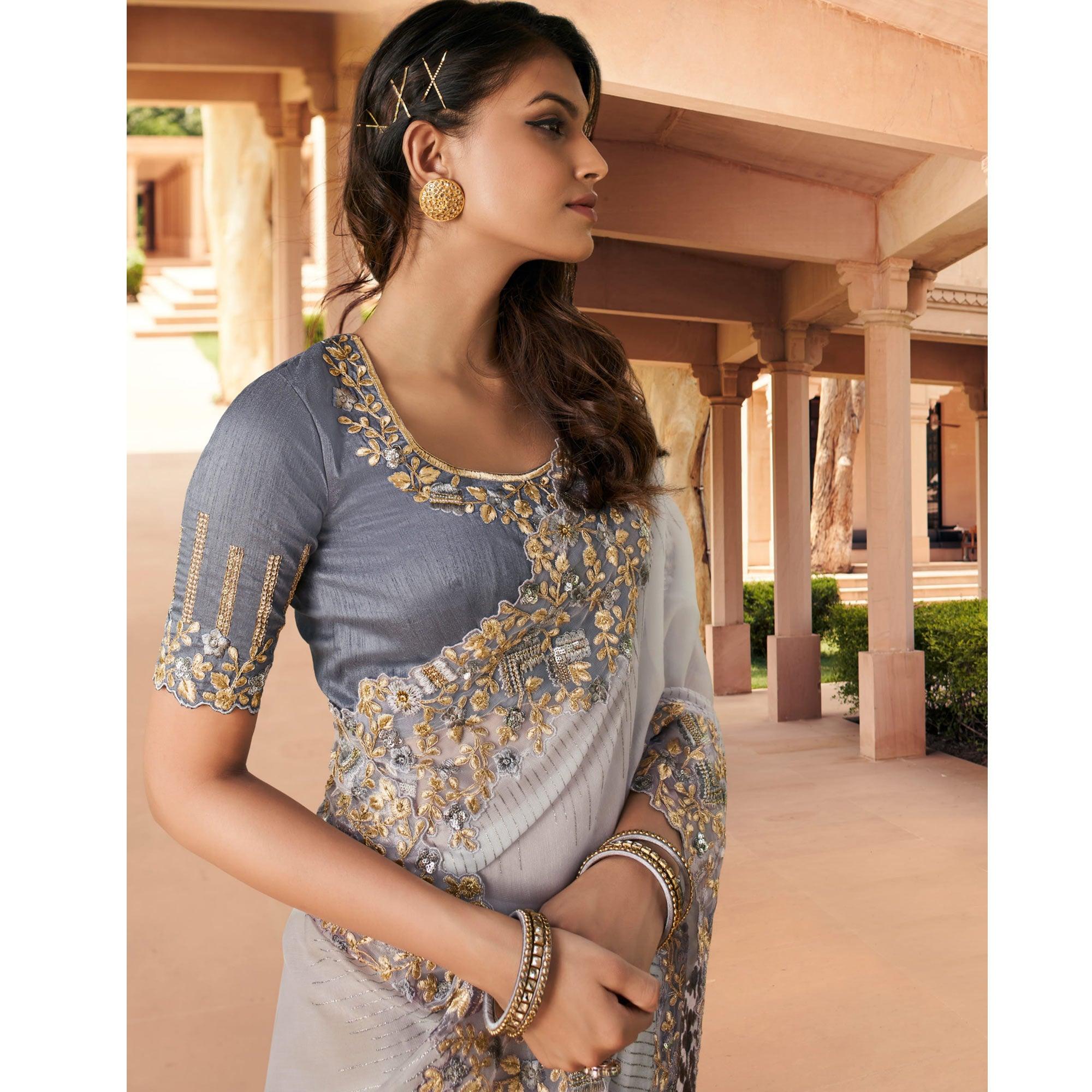 Grey Foil Print With Embroidered Organza Saree - Peachmode