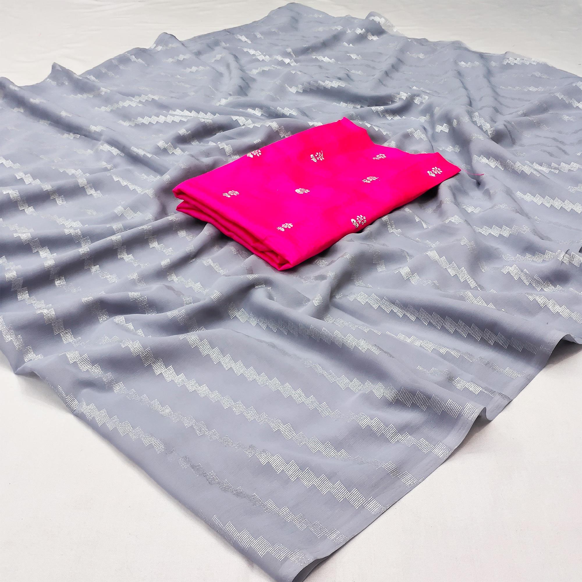 Grey Foil Printed Georgette Saree - Peachmode