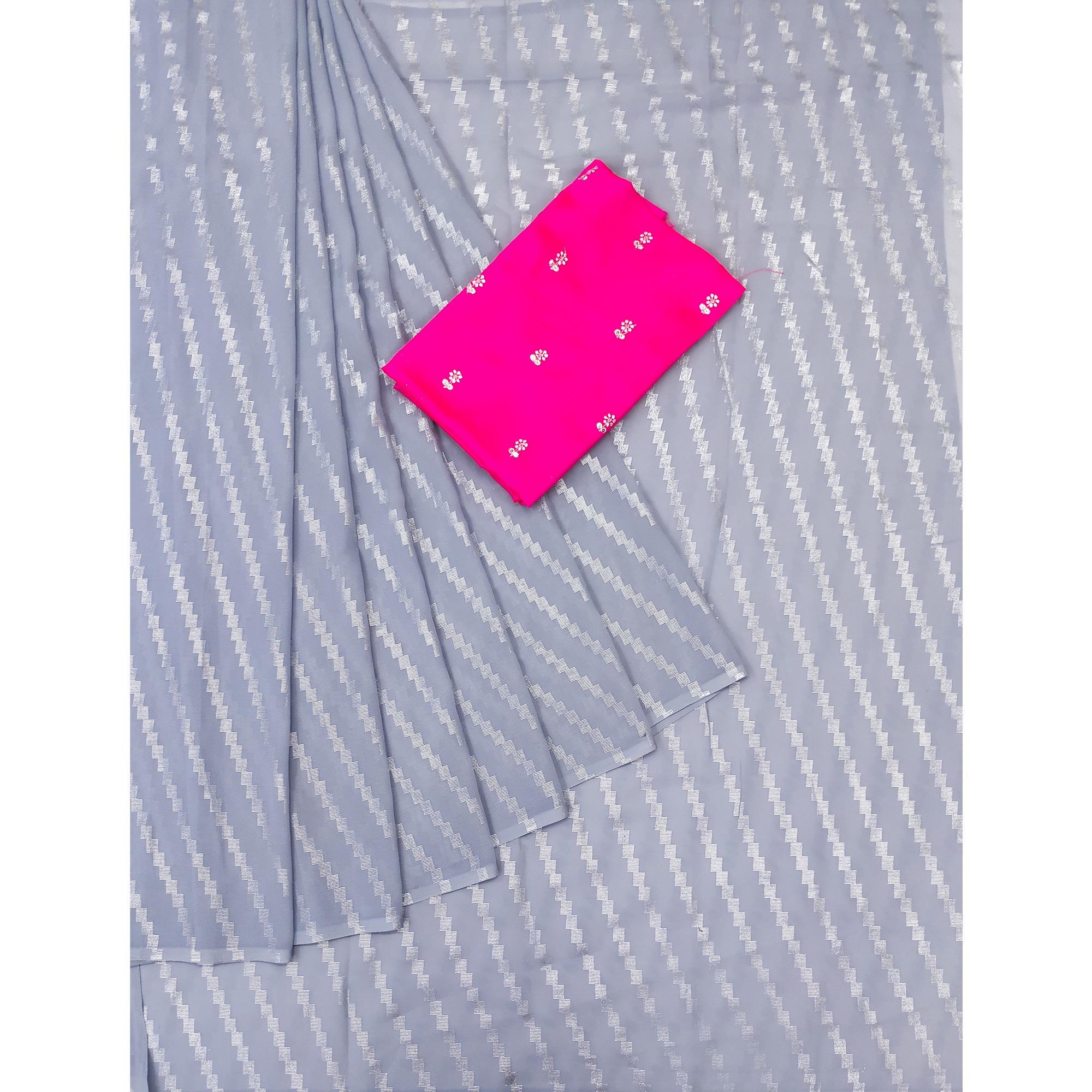 Grey Foil Printed Georgette Saree - Peachmode