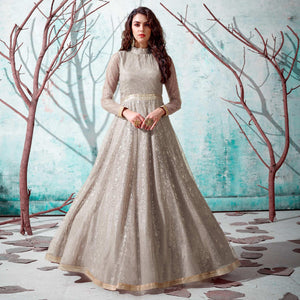 Grey Foil Printed Netted Gown - Peachmode
