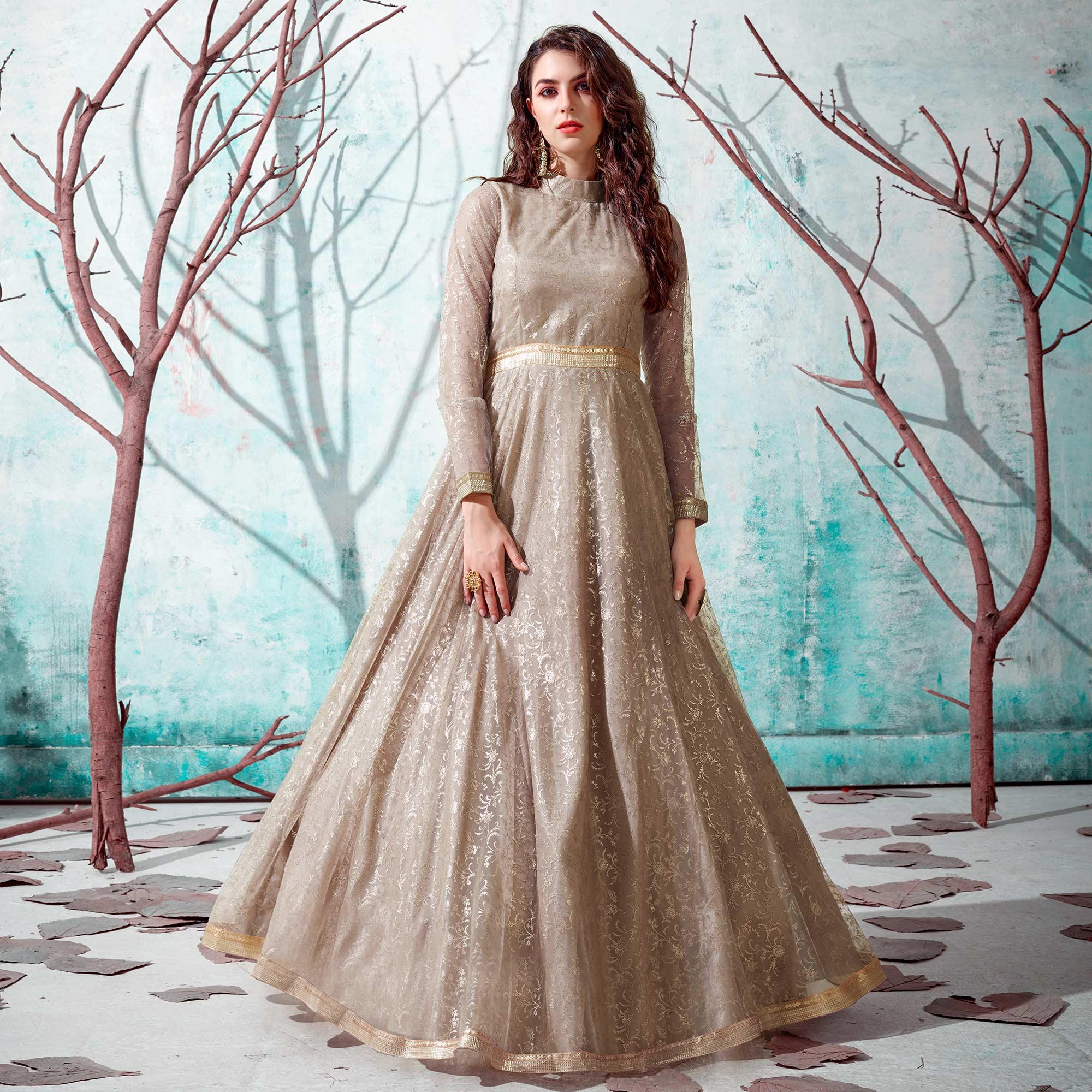 Grey Foil Printed Netted Gown - Peachmode