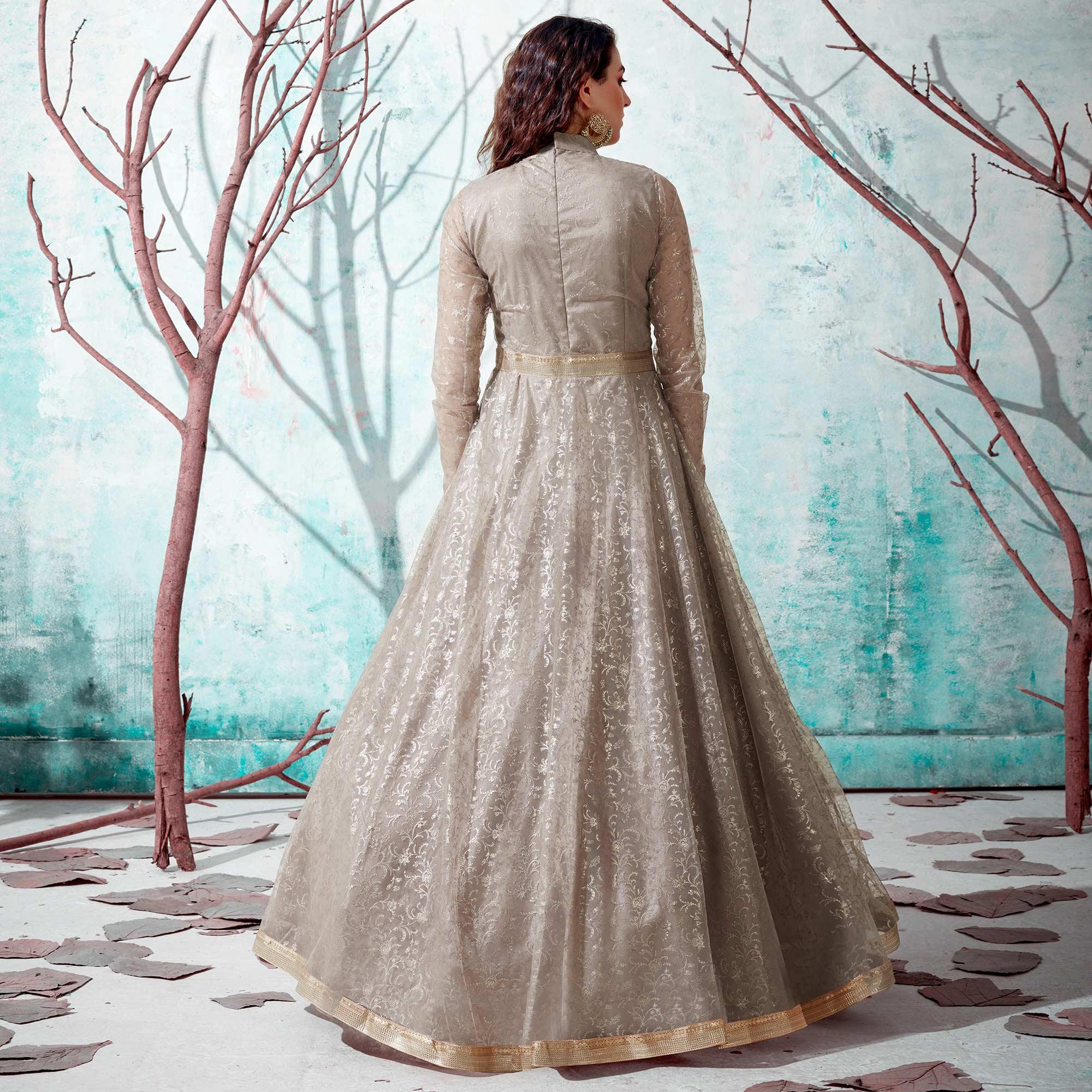 Grey Foil Printed Netted Gown - Peachmode