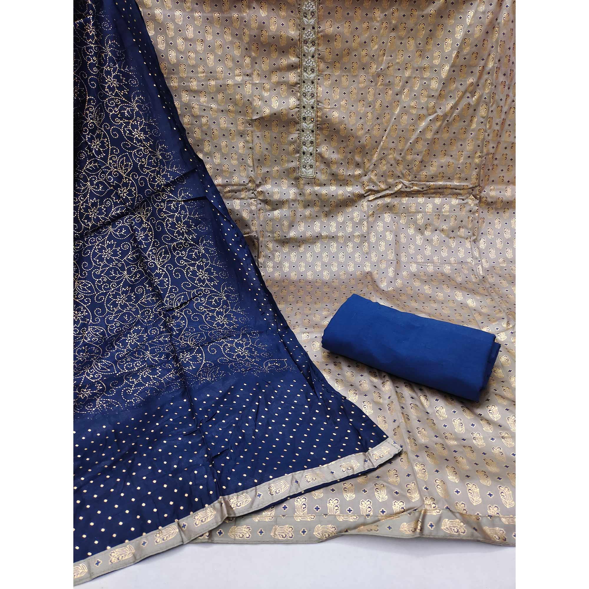 Grey Foil Printed Pure Cotton Dress Material - Peachmode