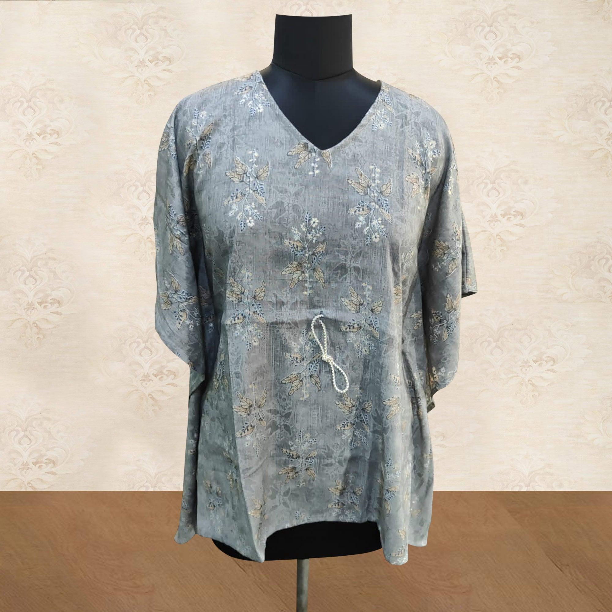 Grey Foil Printed Rayon Kaftan Style Top - Peachmode