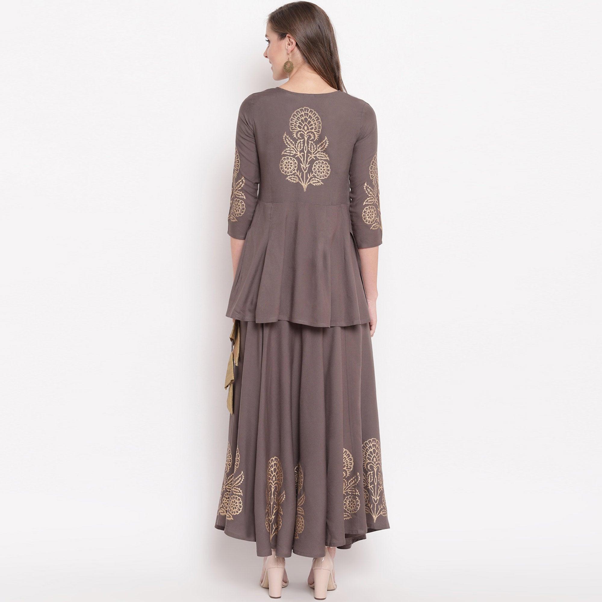 Grey Foil Printed Rayon Kurti-Skirt Set - Peachmode