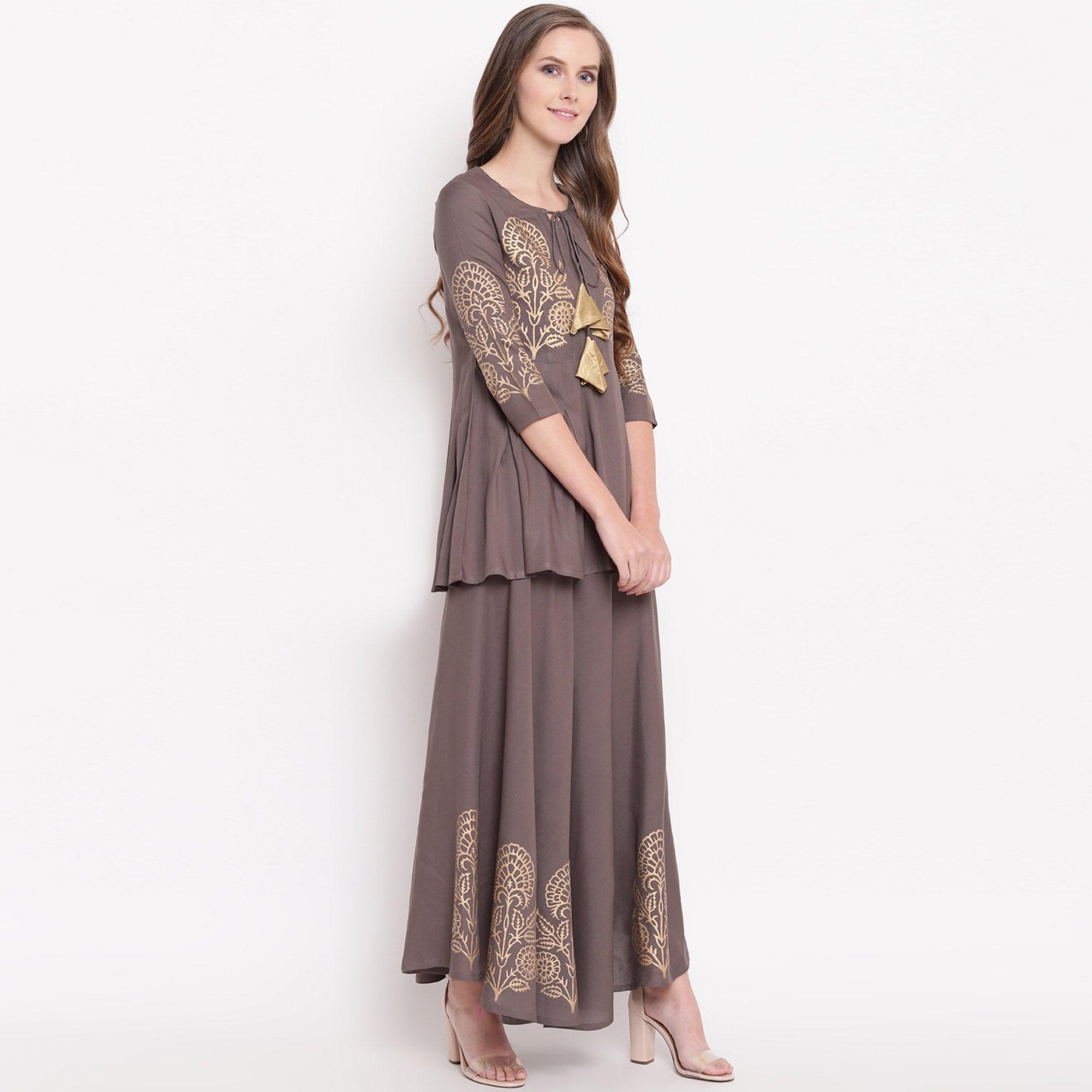 Grey Foil Printed Rayon Kurti-Skirt Set - Peachmode