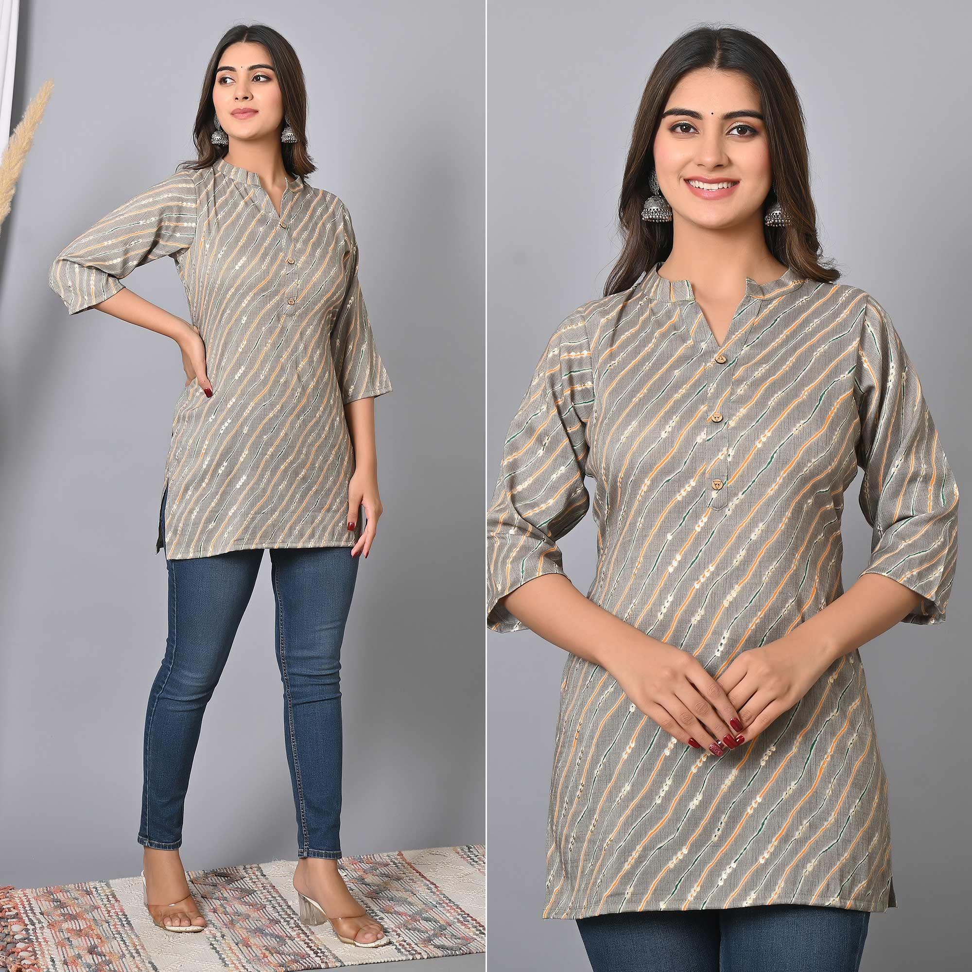 Grey Foil Printed Rayon Top - Peachmode