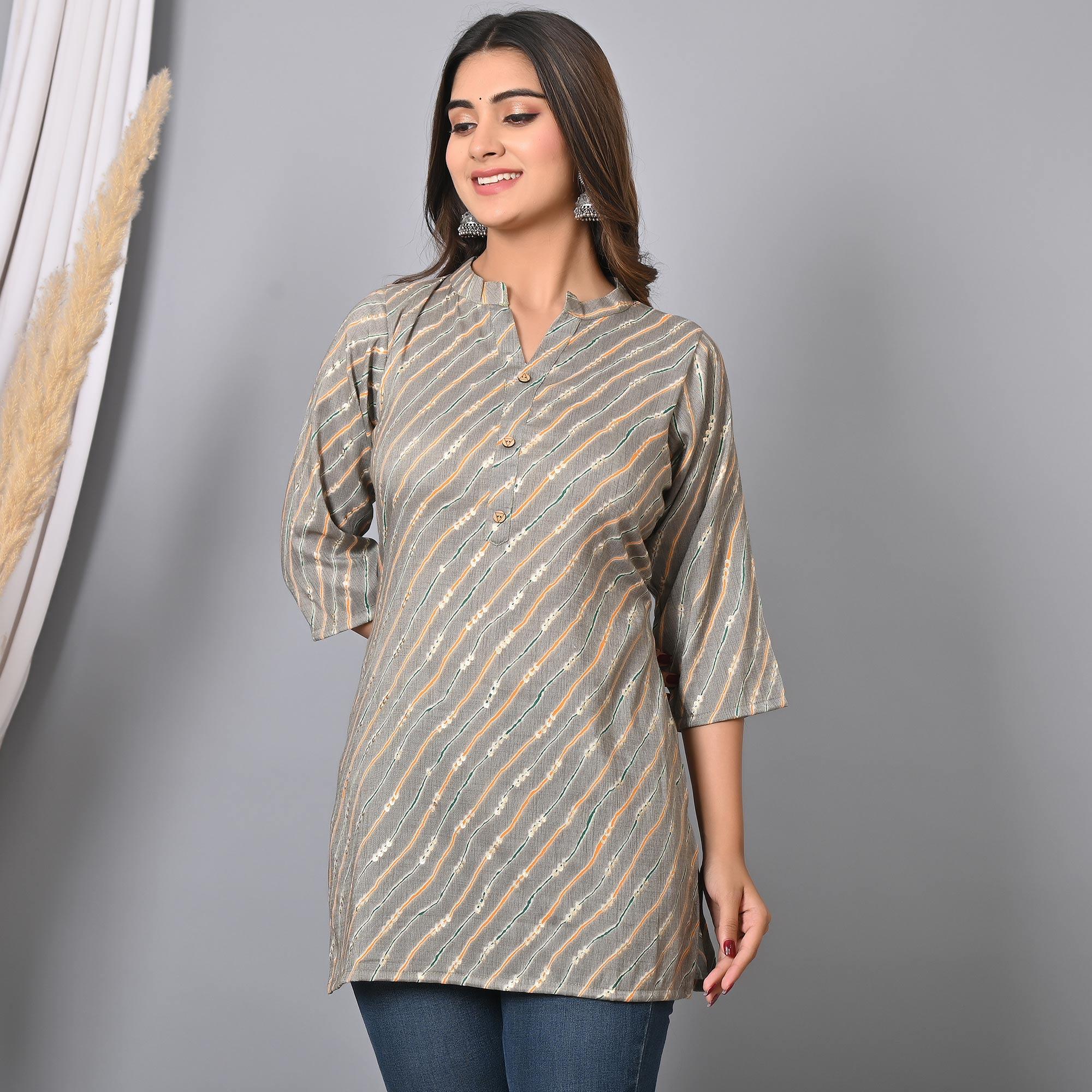 Grey Foil Printed Rayon Top - Peachmode