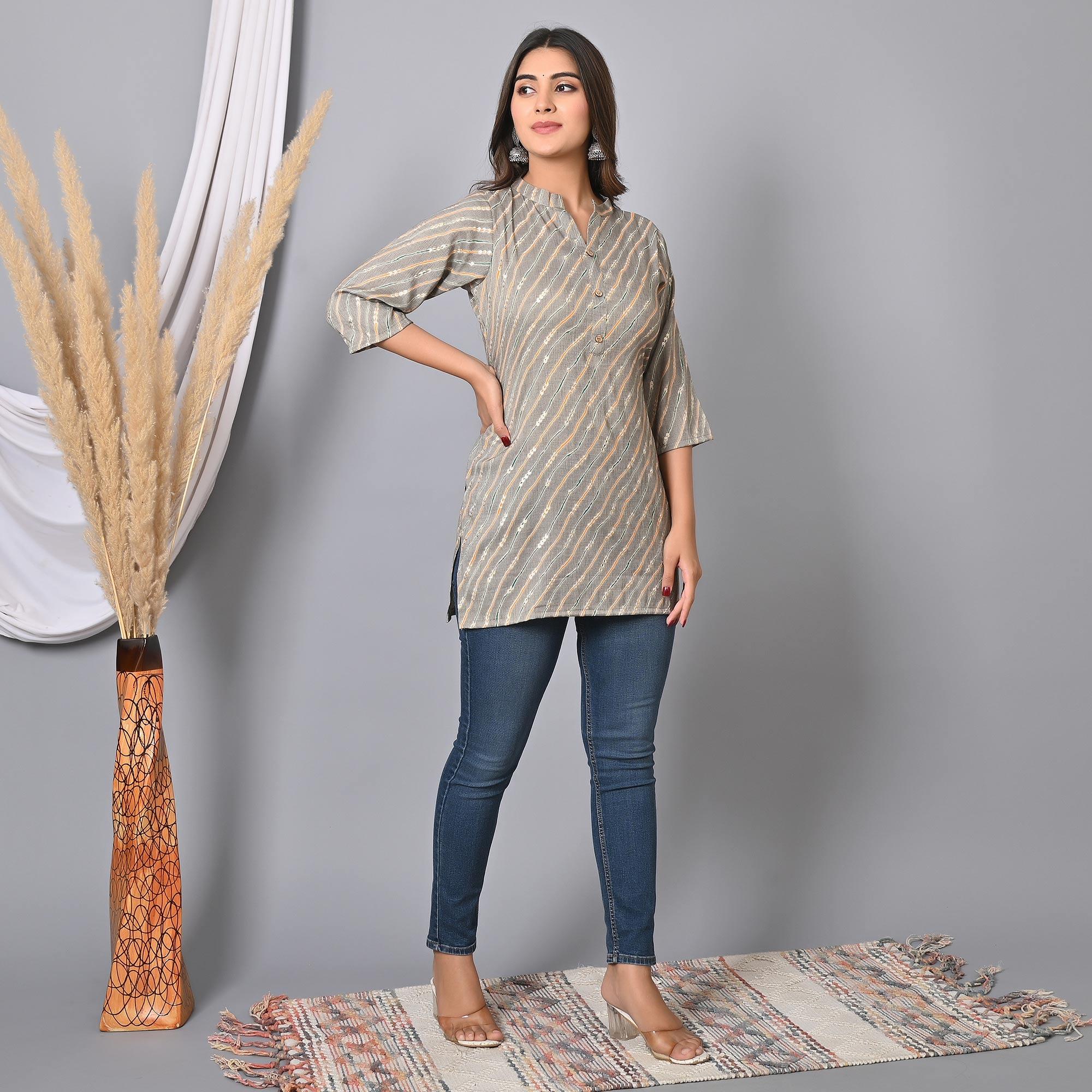 Grey Foil Printed Rayon Top - Peachmode