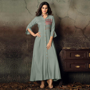 Grey Geometric Embroidered Rayon Kurti - Peachmode