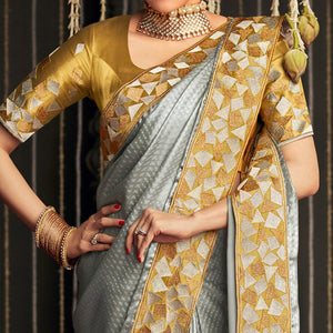 Grey Geometric Printed Art Silk Saree With Tassels - Peachmode