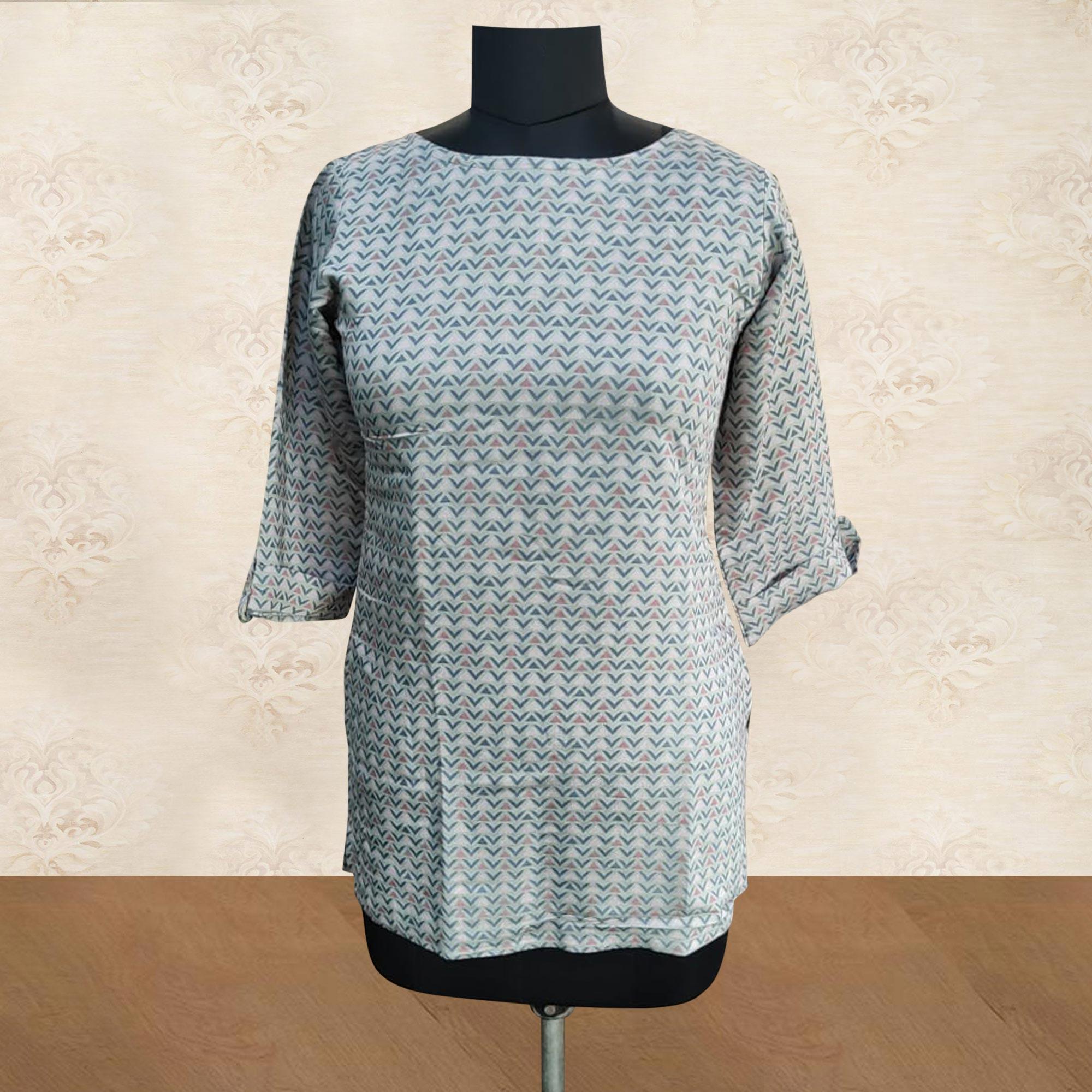 Grey Geometric Printed Chanderi Top - Peachmode