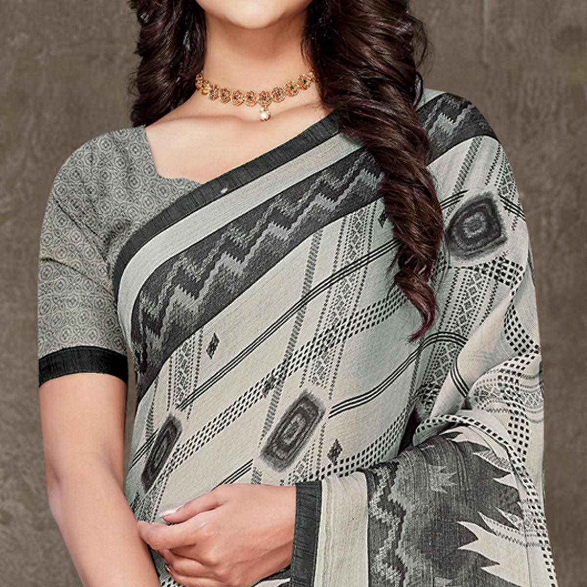 Grey Geometric Printed Chiffon Saree With Tassels - Peachmode