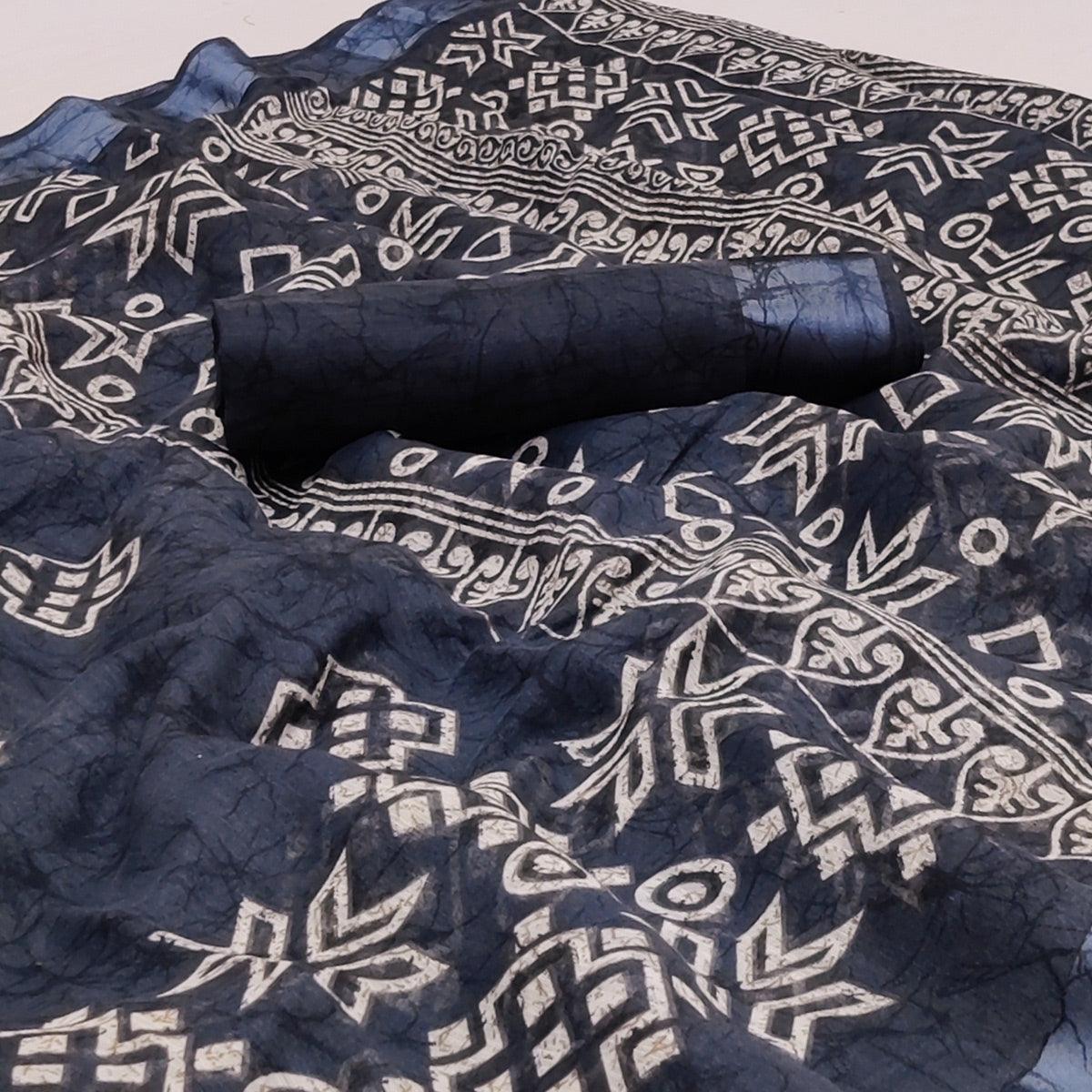 Grey Geometric Printed Linen Saree - Peachmode