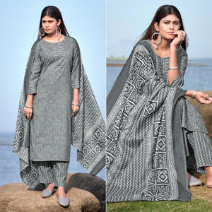 Grey Geometric Printed Pure Cotton Kurti Pant Set With Dupatta - Peachmode
