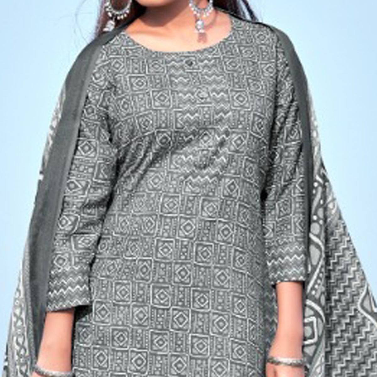 Grey Geometric Printed Pure Cotton Kurti Pant Set With Dupatta - Peachmode