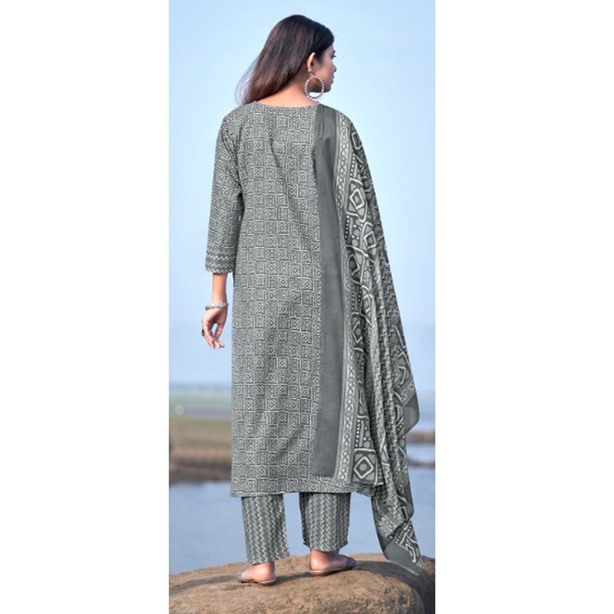 Grey Geometric Printed Pure Cotton Kurti Pant Set With Dupatta - Peachmode