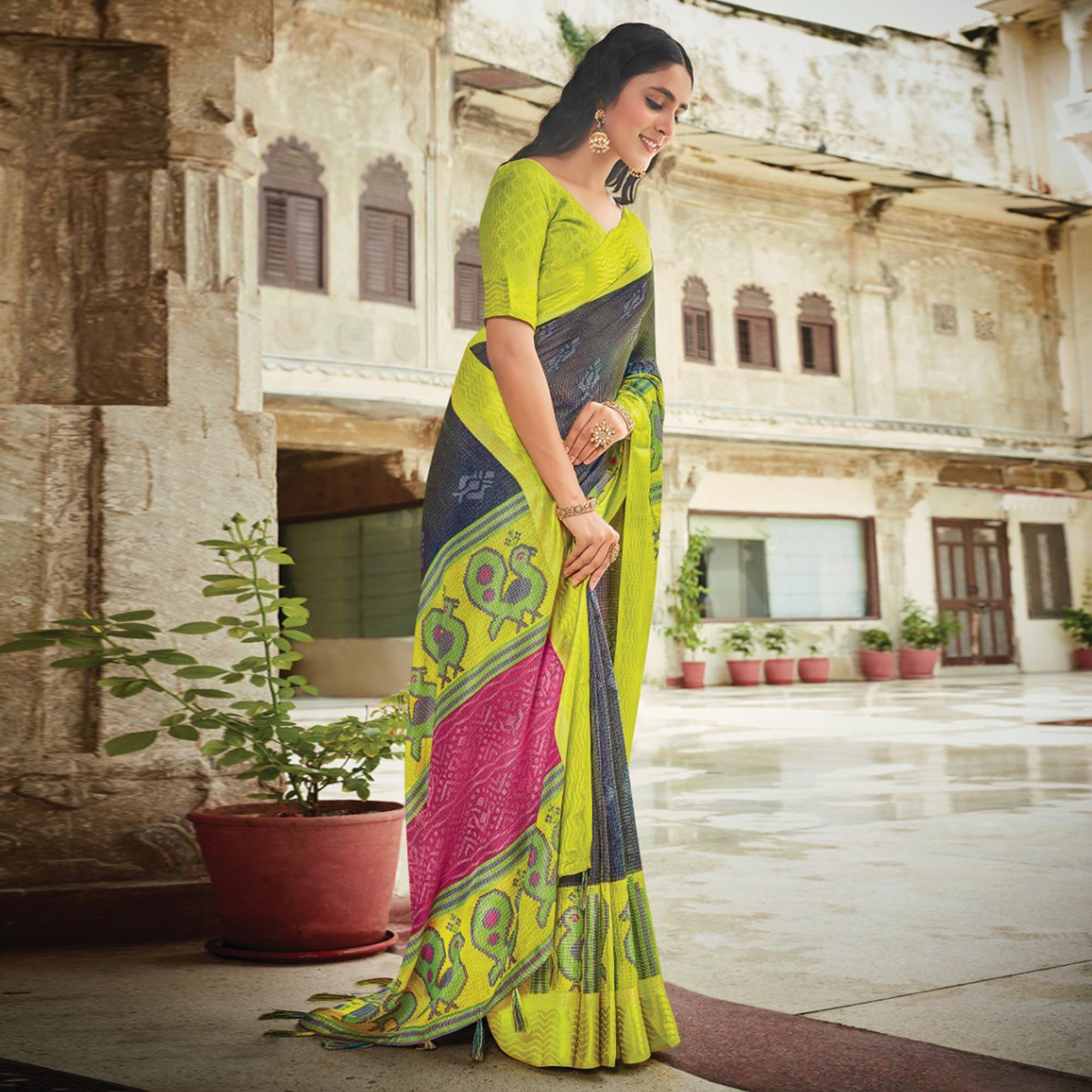 Grey-Green Festive Wear Printed Brasso Saree - Peachmode