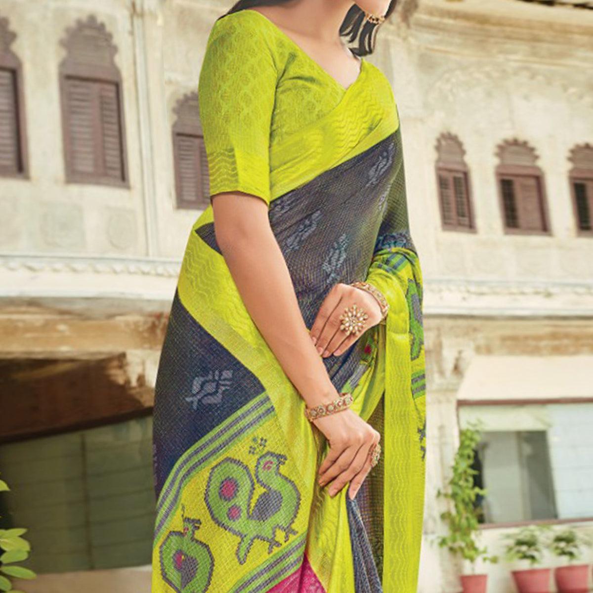 Grey-Green Festive Wear Printed Brasso Saree - Peachmode