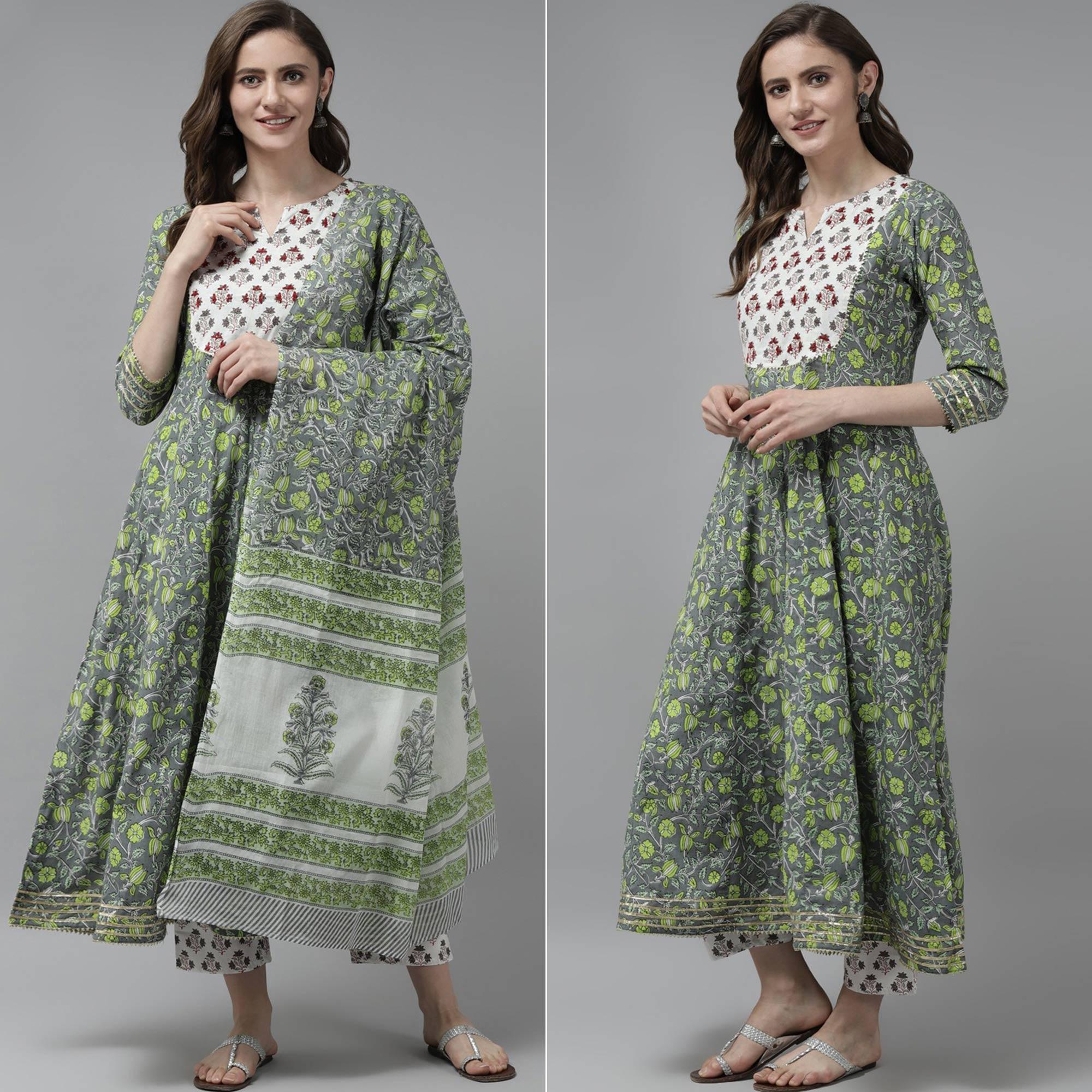 Grey-Green Floral Printed Pure Cotton Anarkali Suit - Peachmode