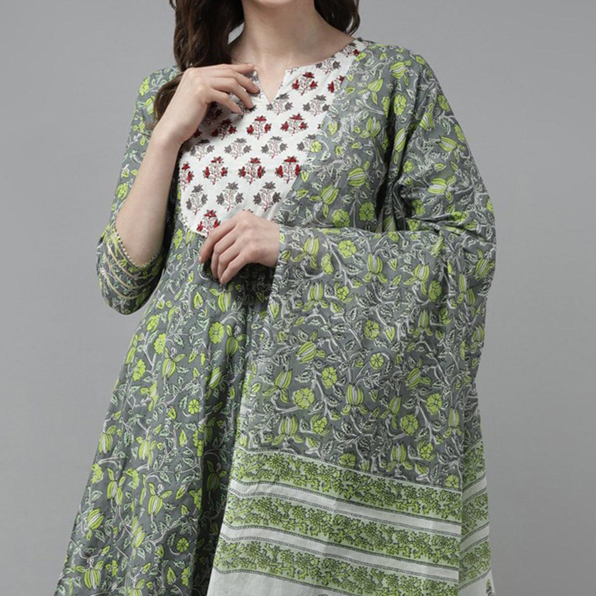 Grey-Green Floral Printed Pure Cotton Anarkali Suit - Peachmode