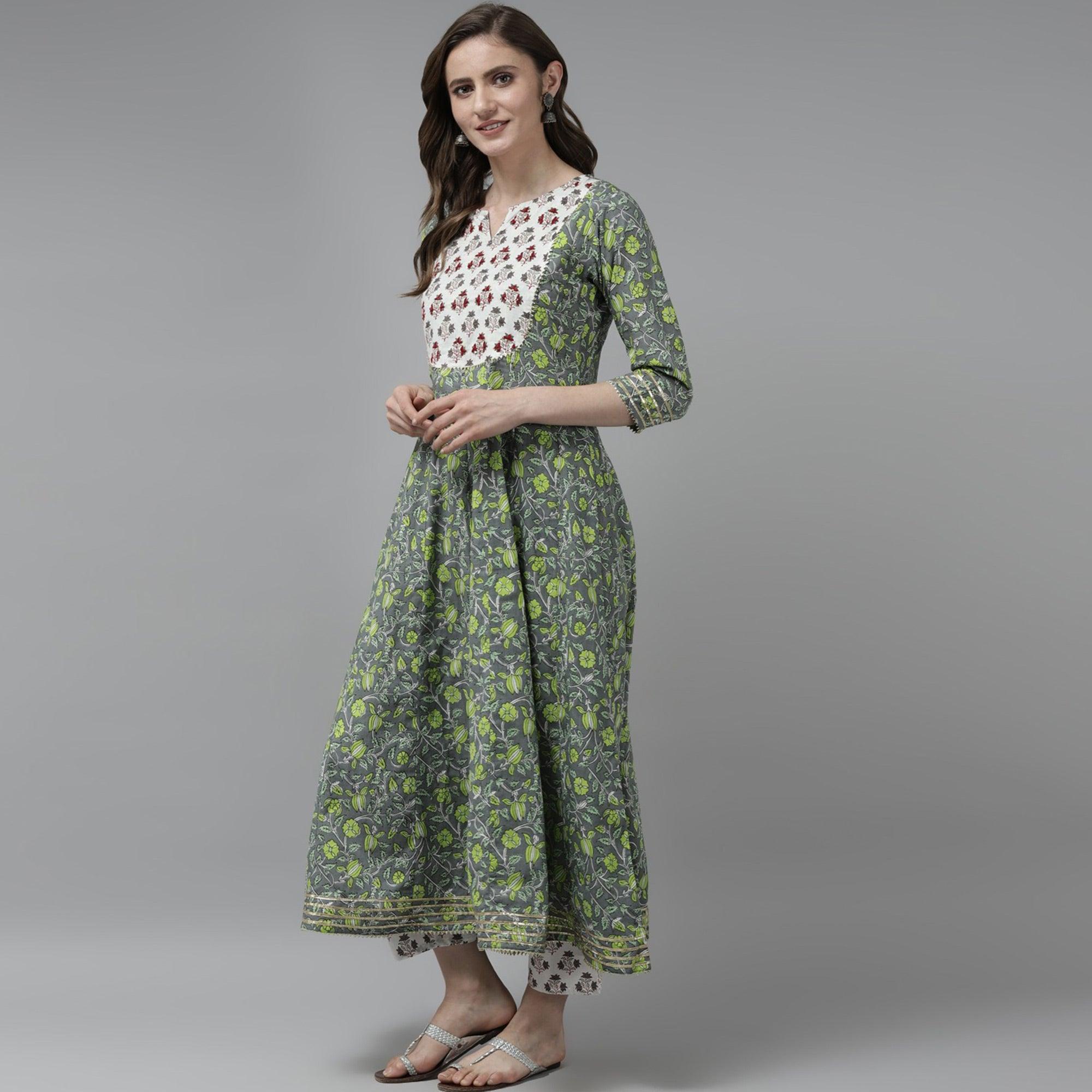 Grey-Green Floral Printed Pure Cotton Anarkali Suit - Peachmode
