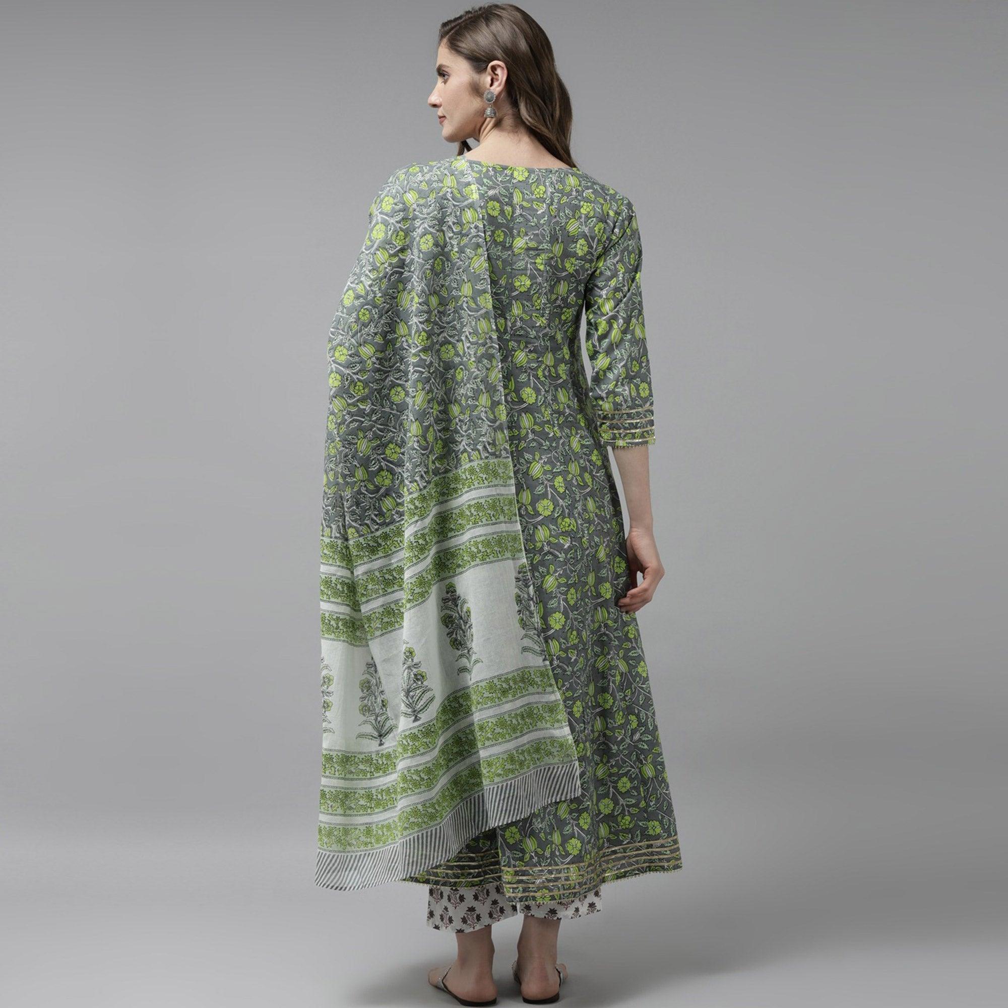 Grey-Green Floral Printed Pure Cotton Anarkali Suit - Peachmode
