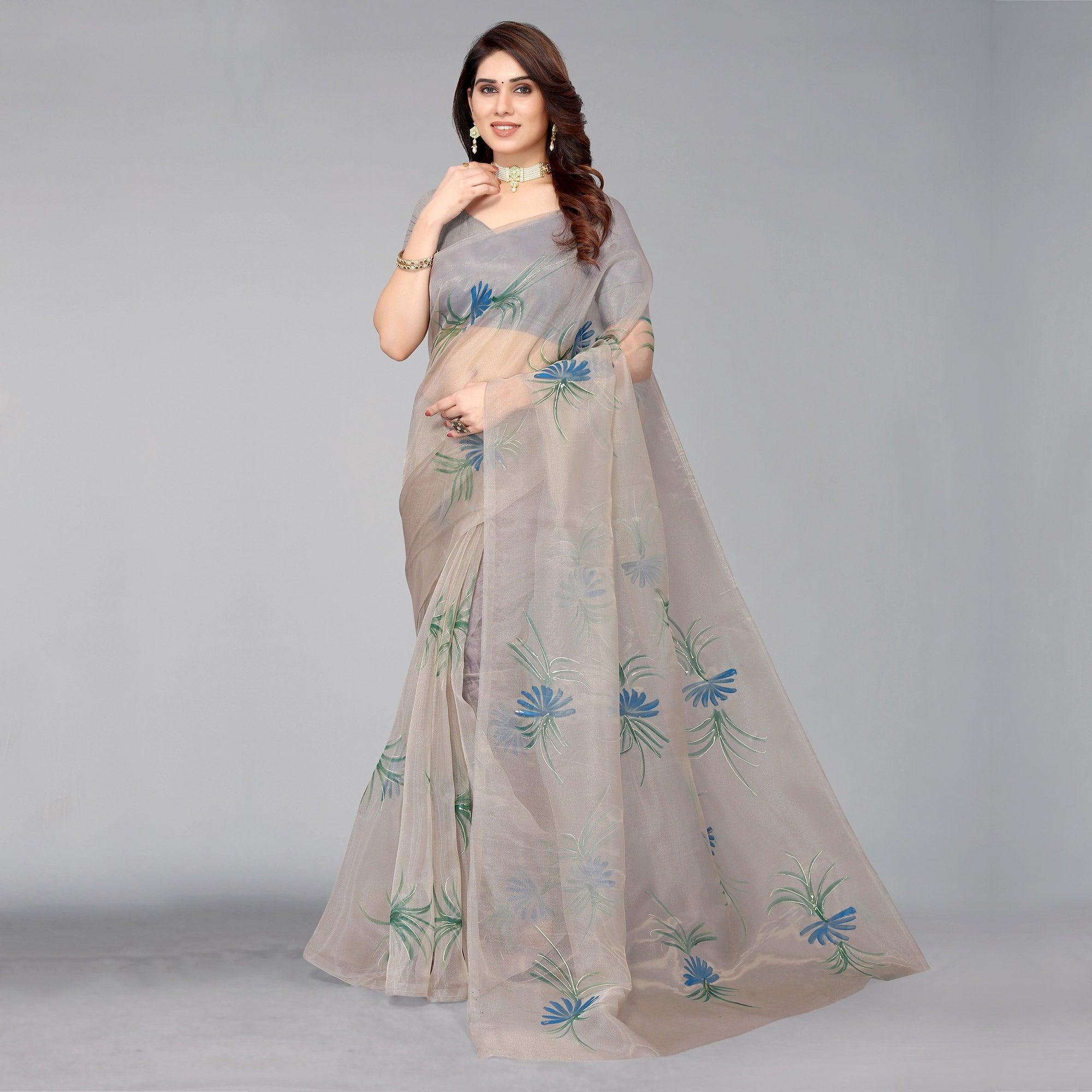 Grey Hand Printed Organza Saree - Peachmode