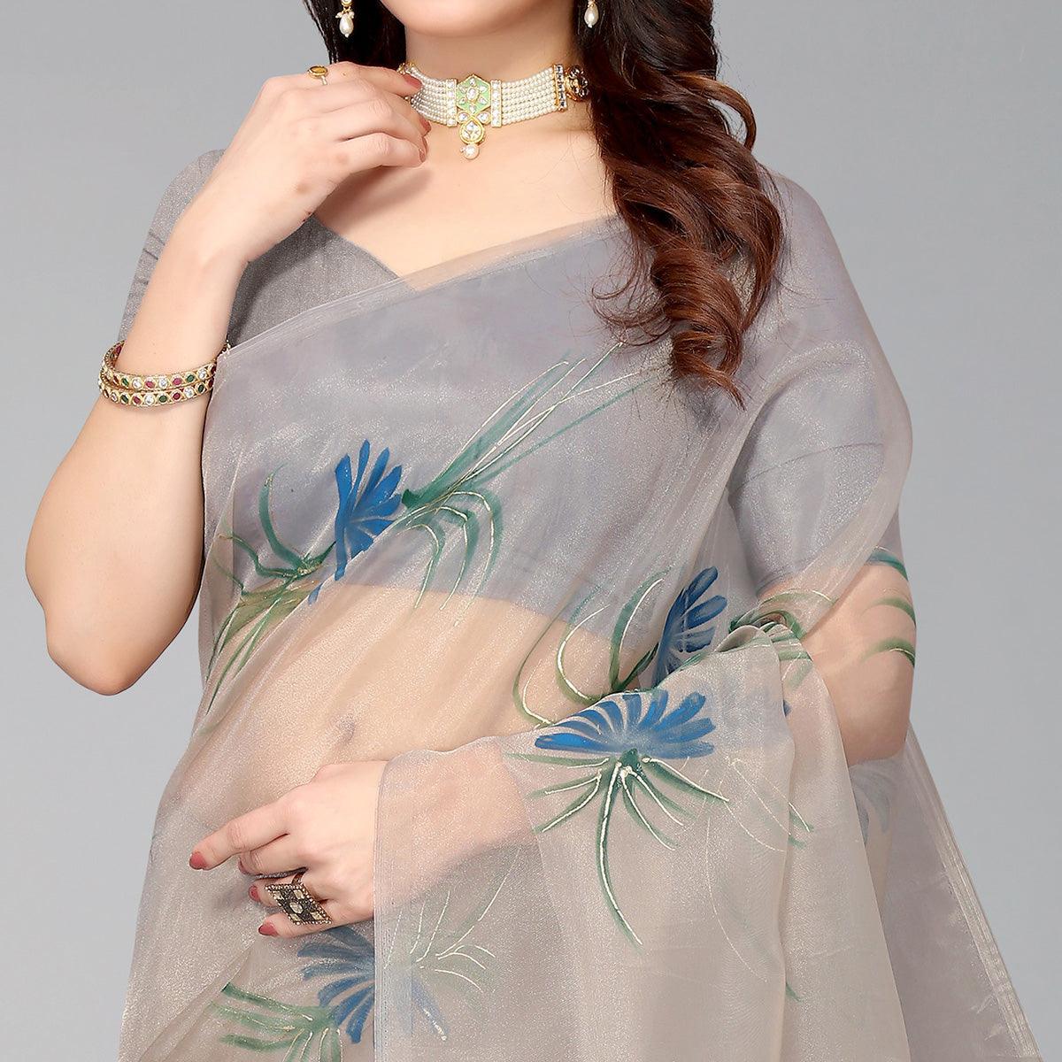 Grey Hand Printed Organza Saree - Peachmode